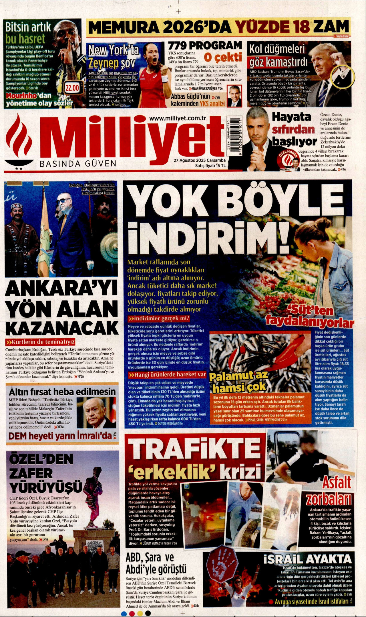 MİLLİYET gazetesinin 27 Ağustos 2025 tarihli birinci sayfası