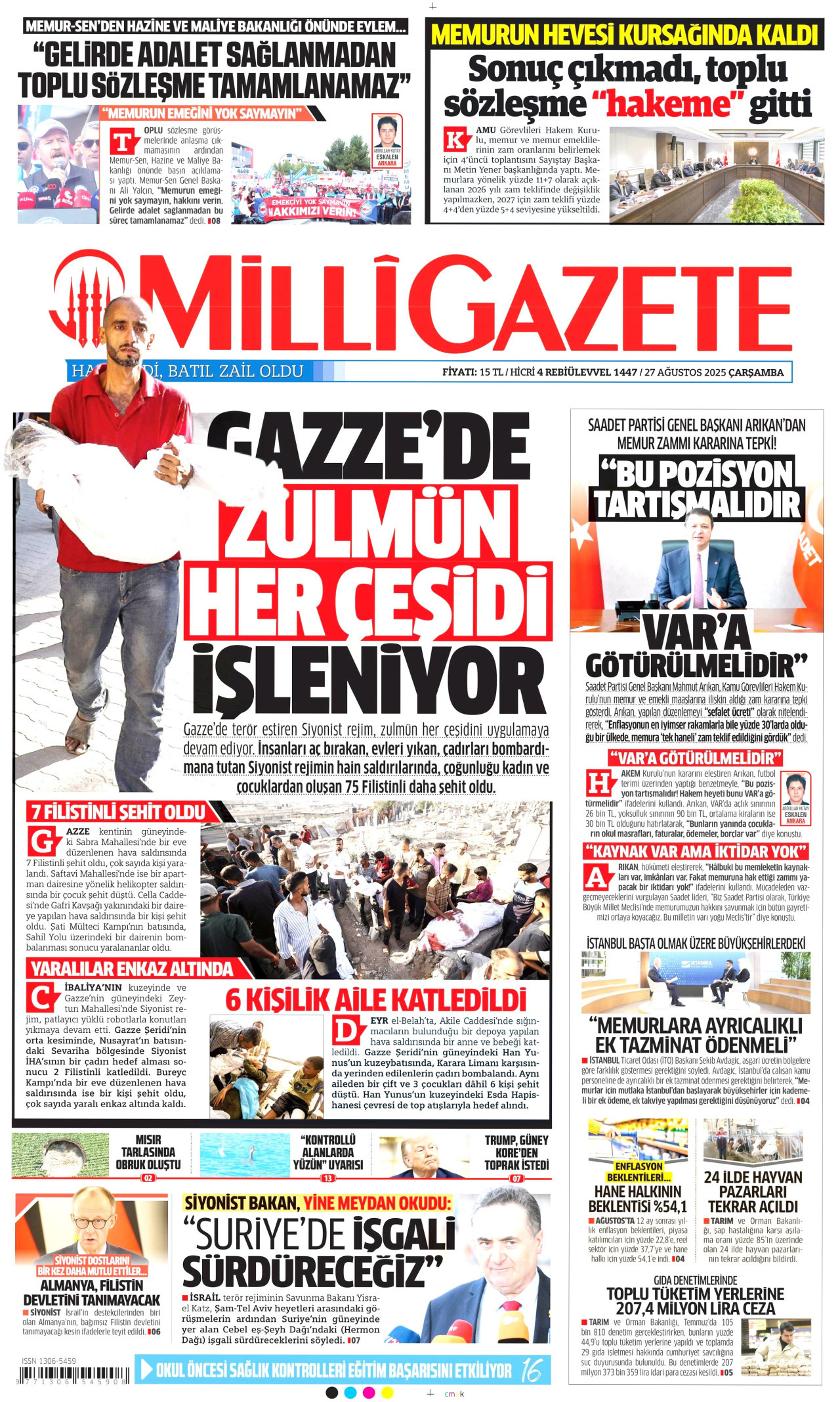 MİLLİ GAZETE gazetesinin 27 Ağustos 2025 tarihli birinci sayfası