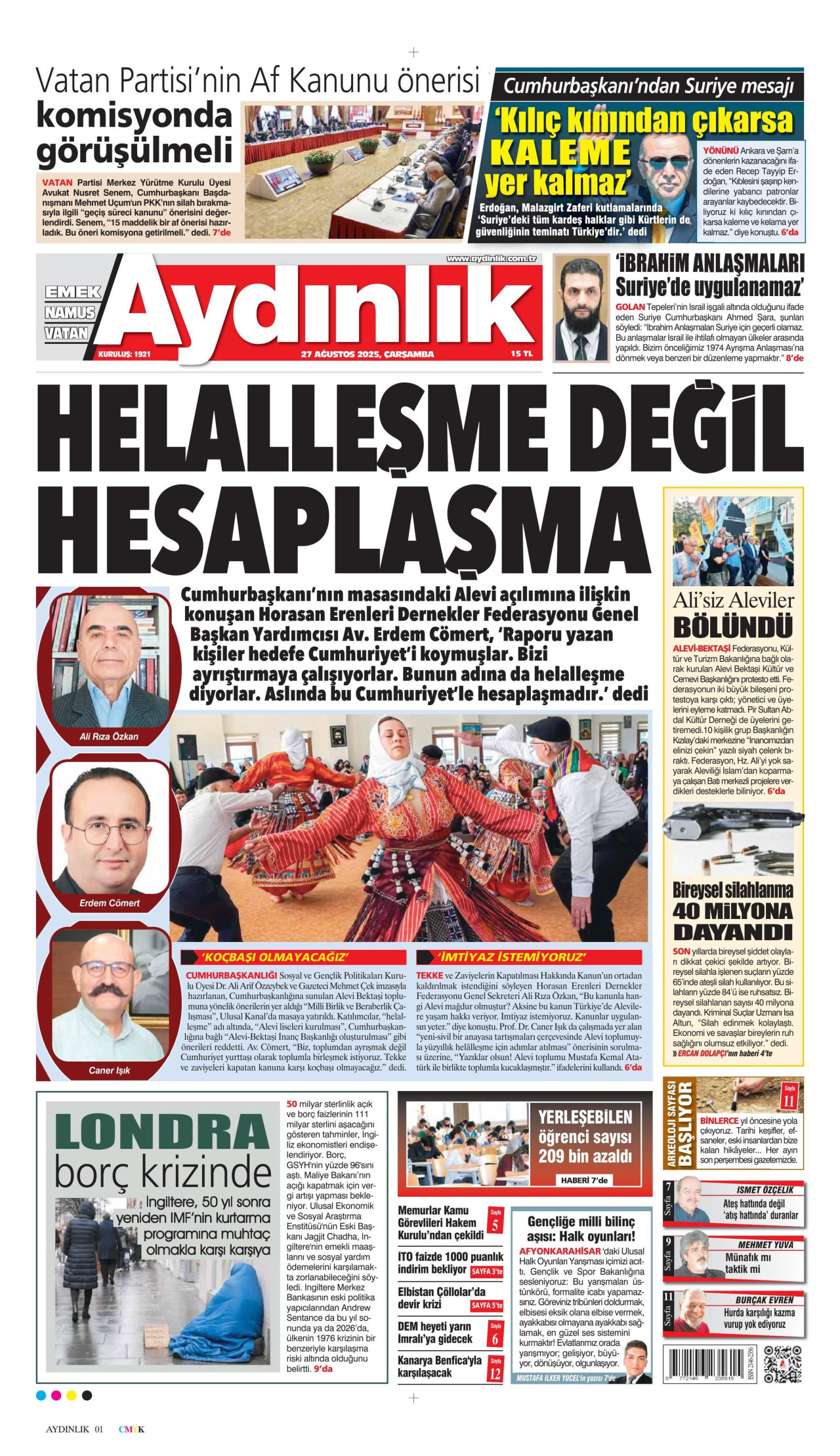 AYDINLIK GAZETESİ gazetesinin 27 Ağustos 2025 tarihli birinci sayfası