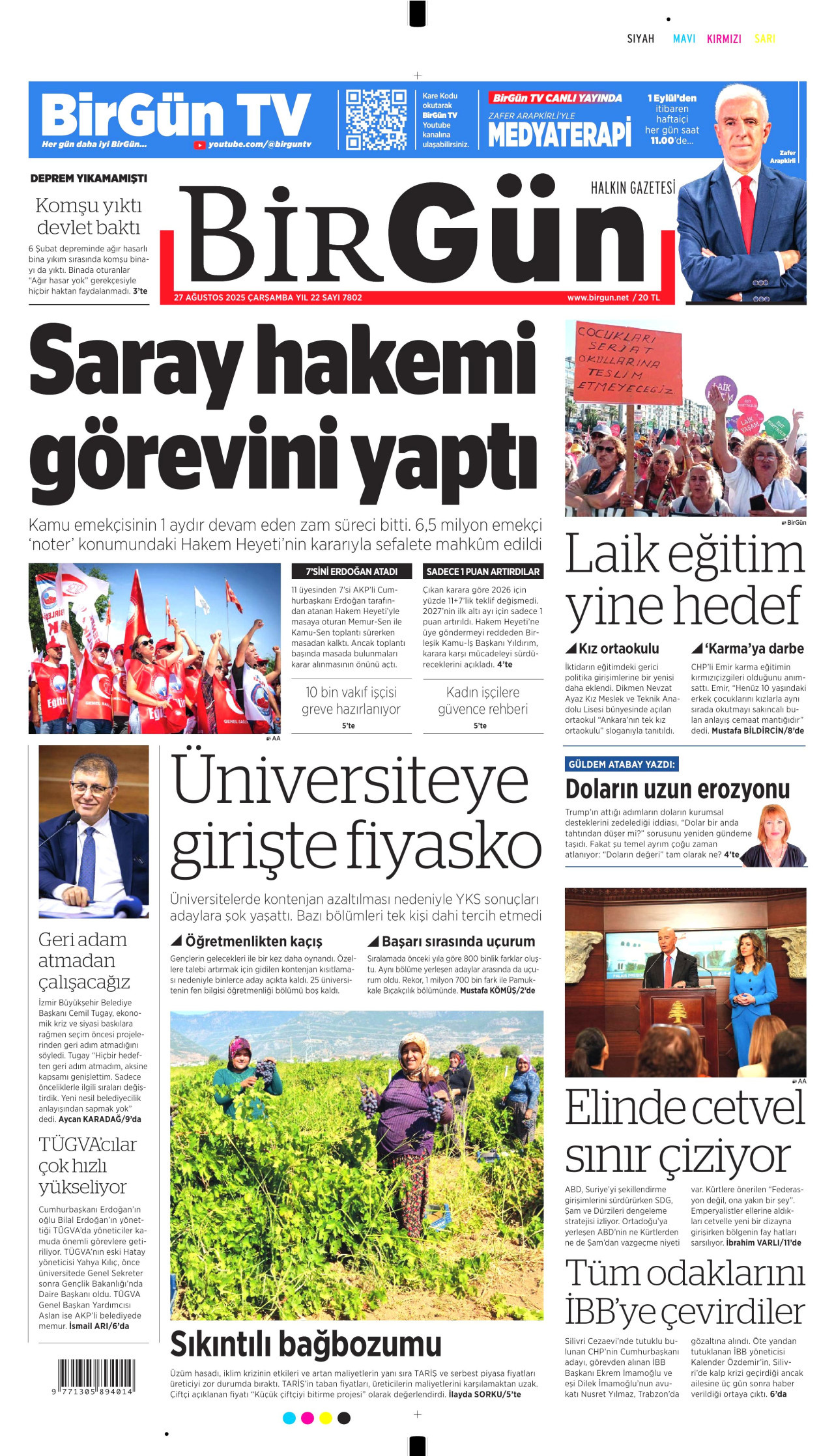 BİRGÜN gazetesinin 27 Ağustos 2025 tarihli birinci sayfası