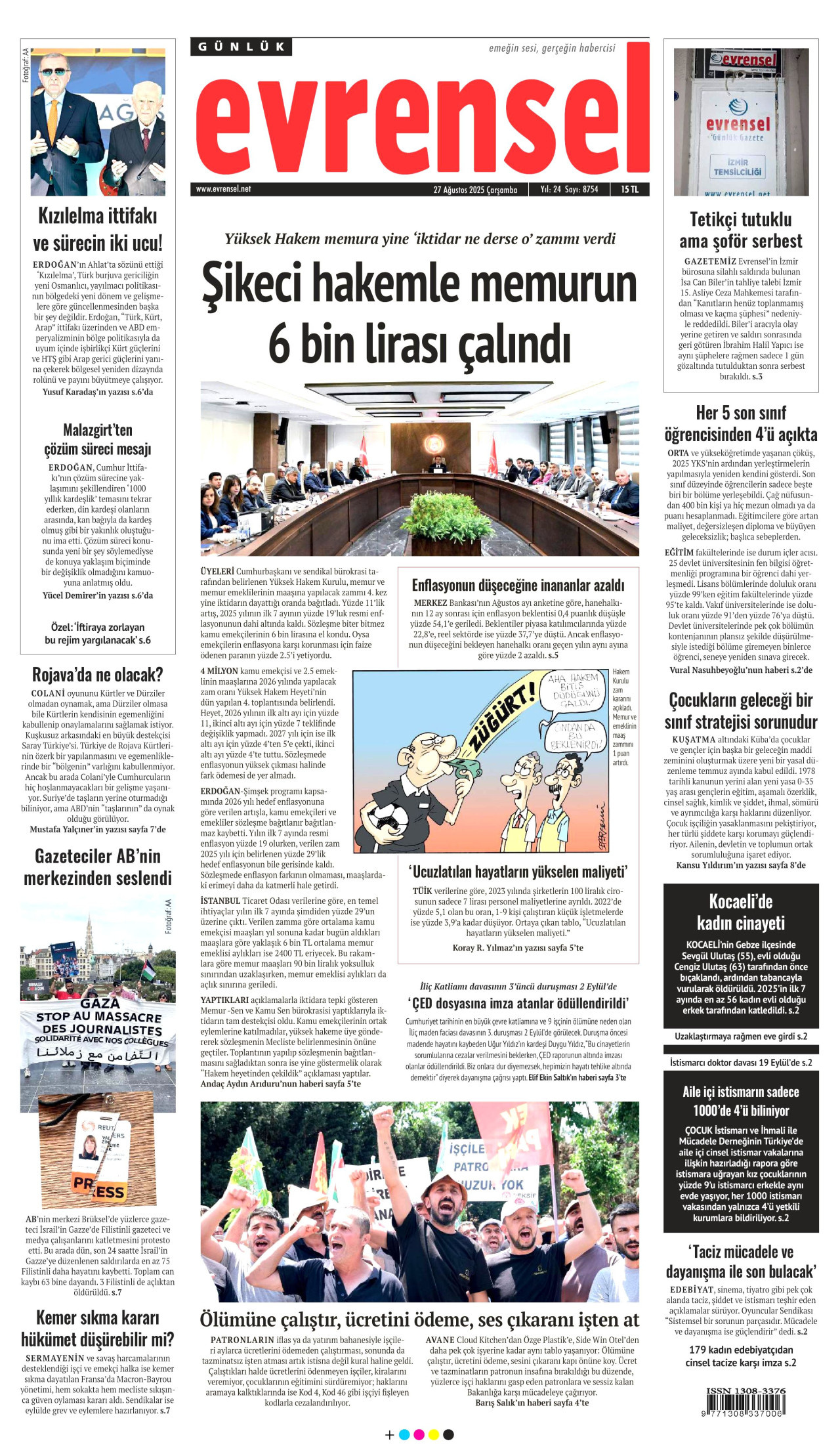 EVRENSEL gazetesinin 27 Ağustos 2025 tarihli birinci sayfası