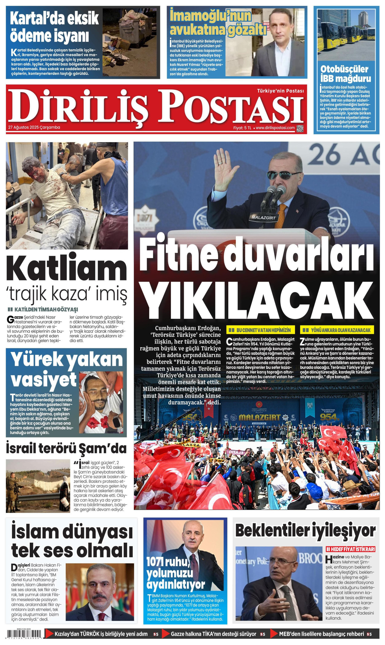 DİRİLİŞ POSTASI gazetesinin 27 Ağustos 2025 tarihli birinci sayfası