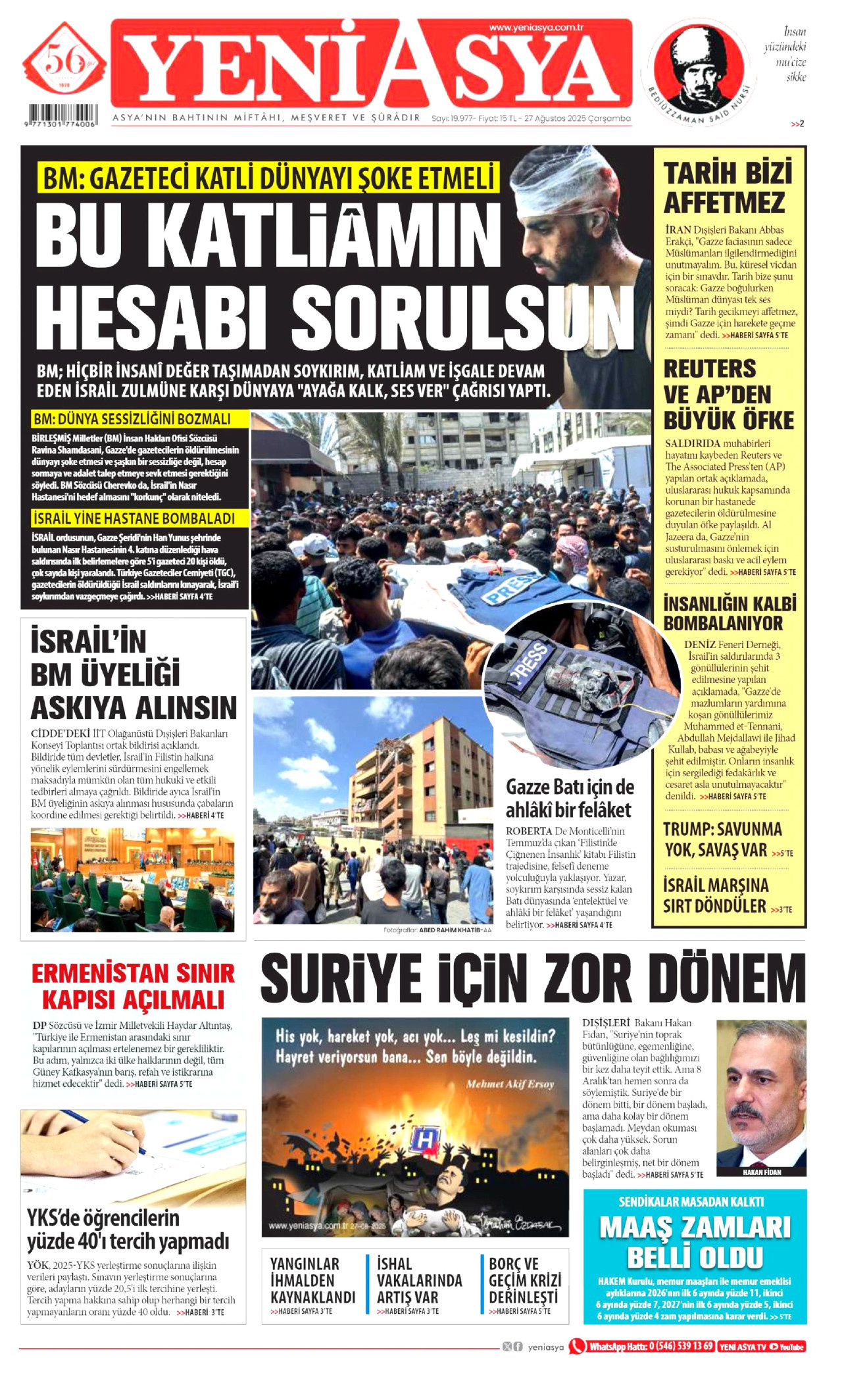 YENİ ASYA gazetesinin 27 Ağustos 2025 tarihli birinci sayfası