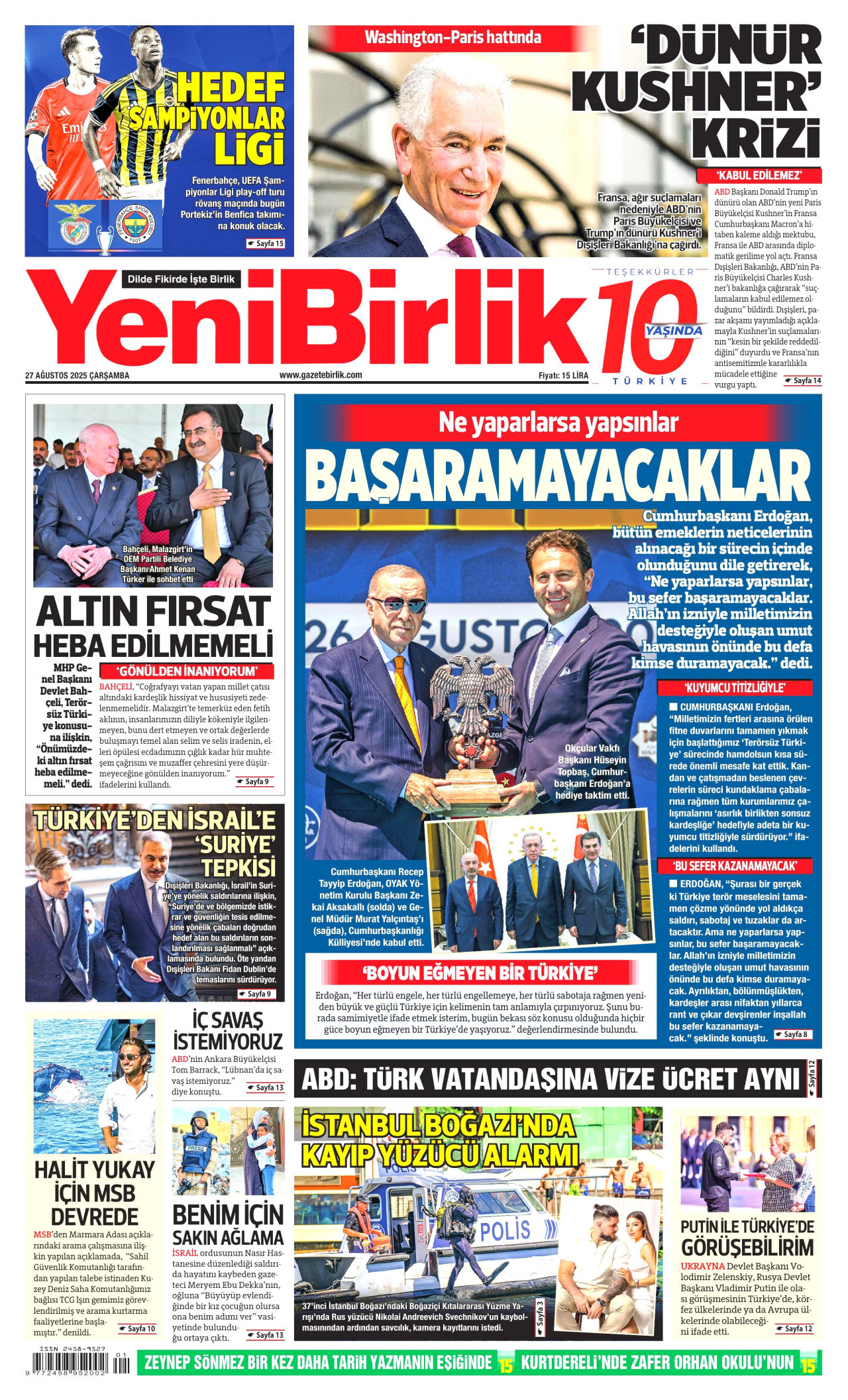 YENİBİRLİK gazetesinin 27 Ağustos 2025 tarihli birinci sayfası