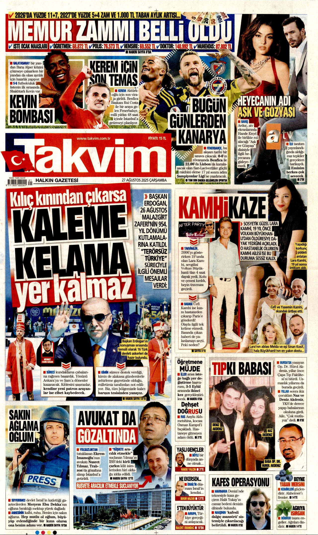 TAKVİM gazetesinin 27 Ağustos 2025 tarihli birinci sayfası