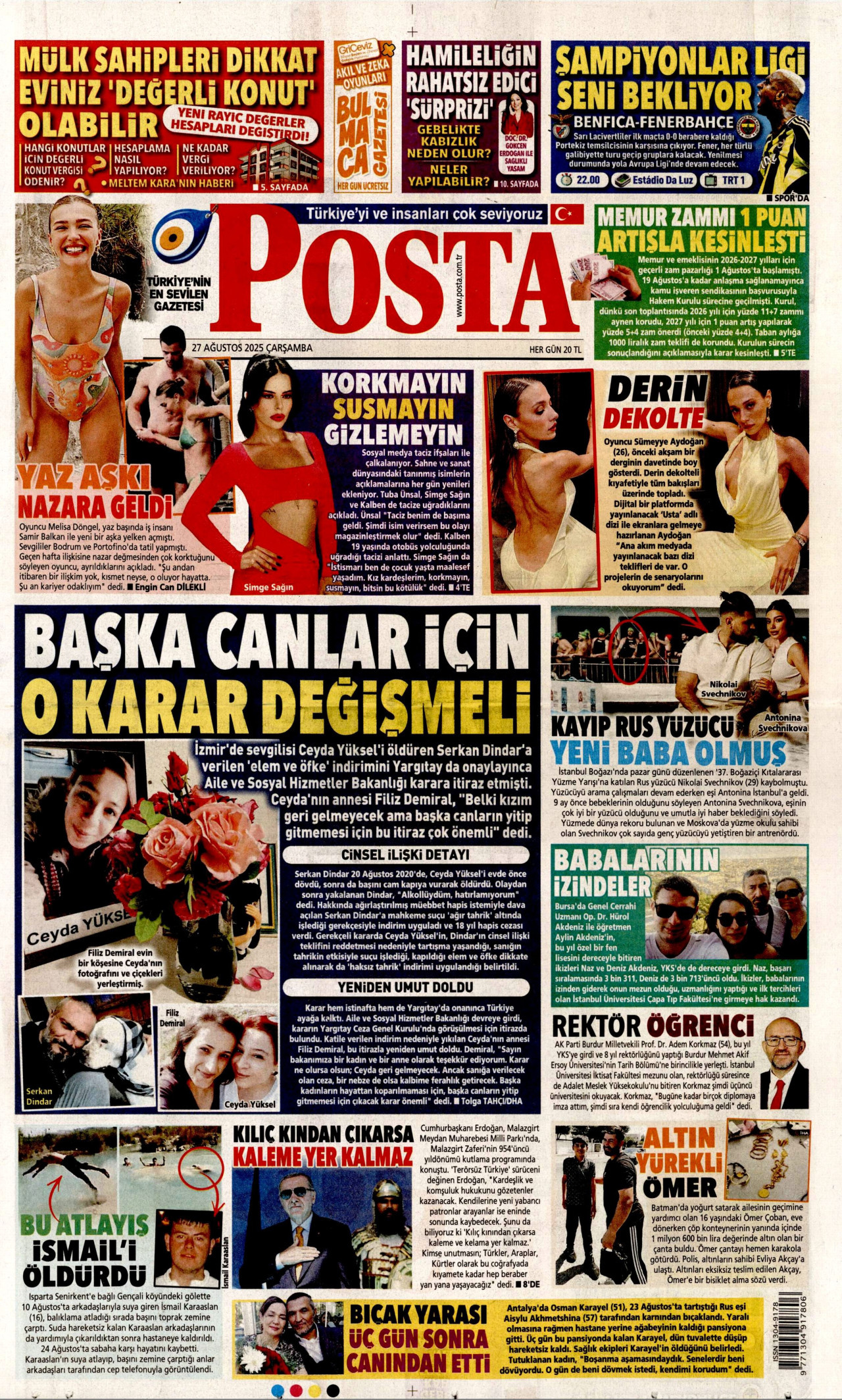 POSTA gazetesinin 27 Ağustos 2025 tarihli birinci sayfası