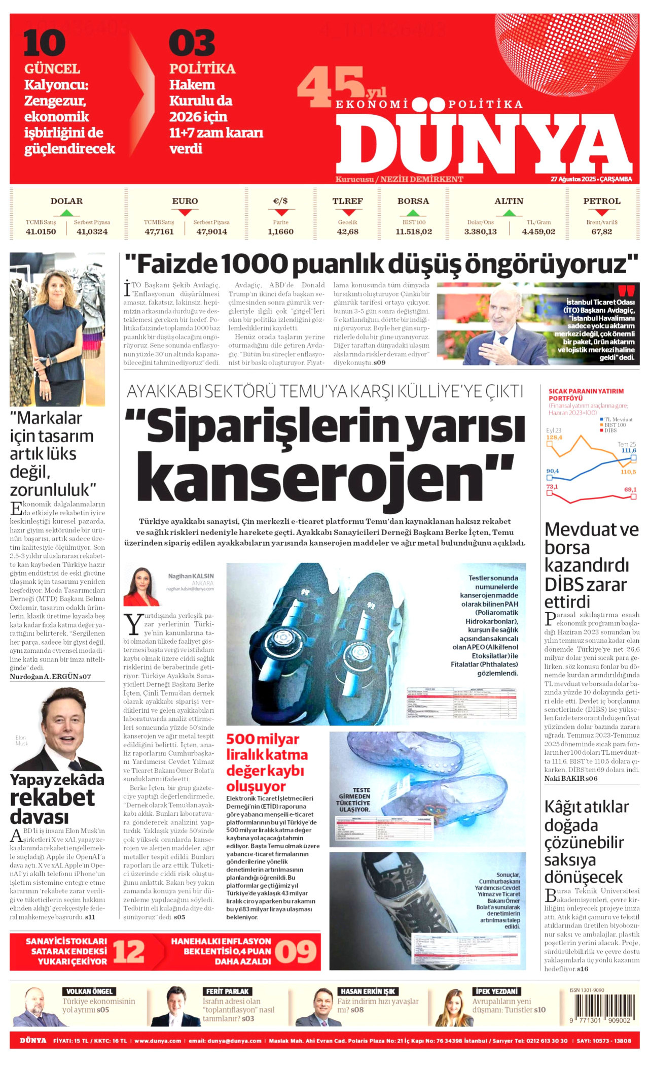 DÜNYA gazetesinin 27 Ağustos 2025 tarihli birinci sayfası