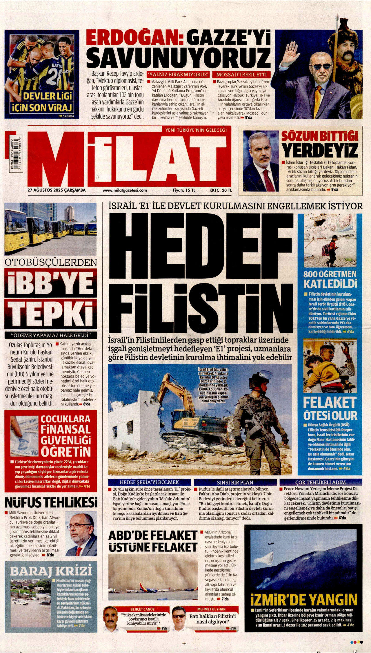 MİLAT gazetesinin 27 Ağustos 2025 tarihli birinci sayfası