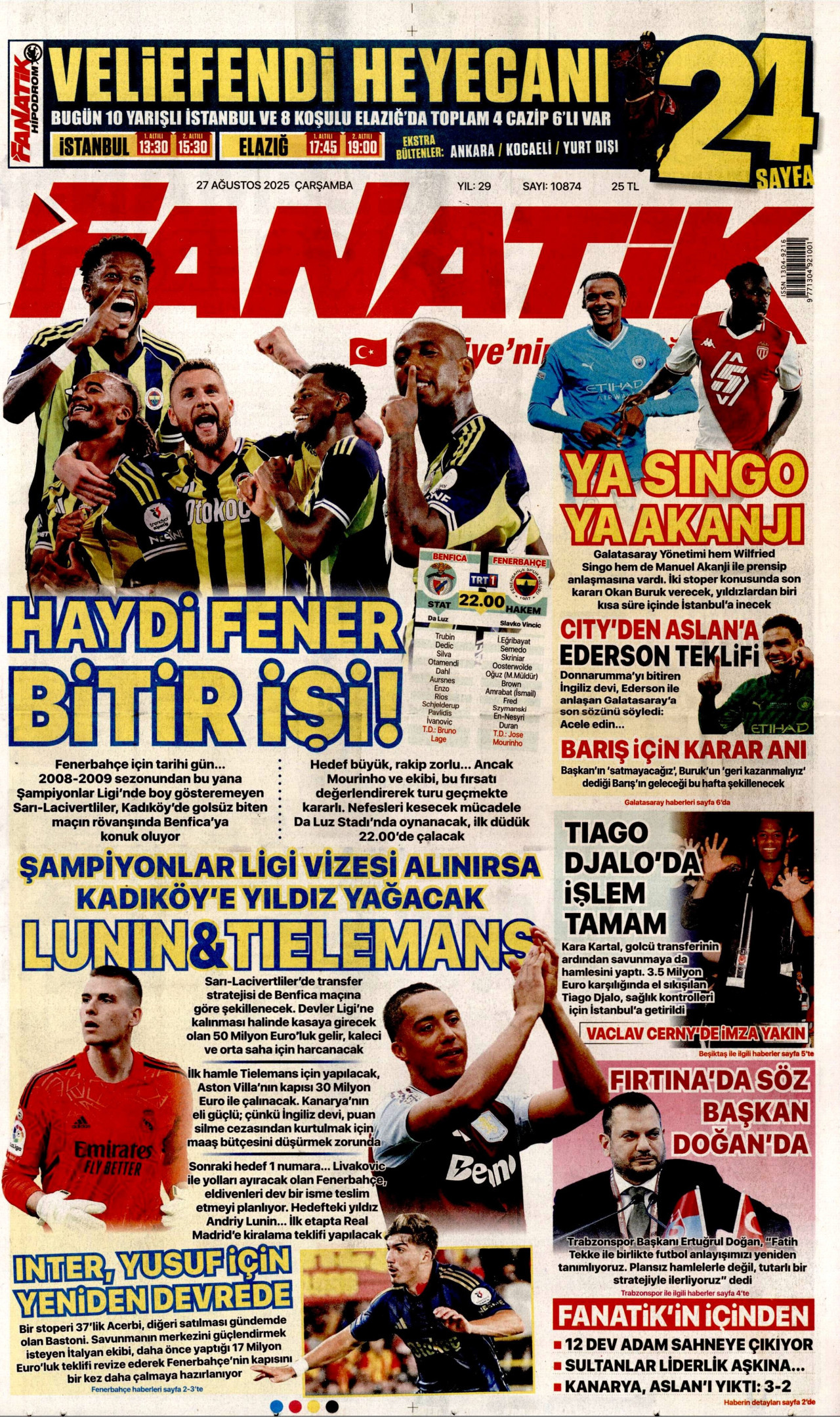 FANATİK gazetesinin 27 Ağustos 2025 tarihli birinci sayfası
