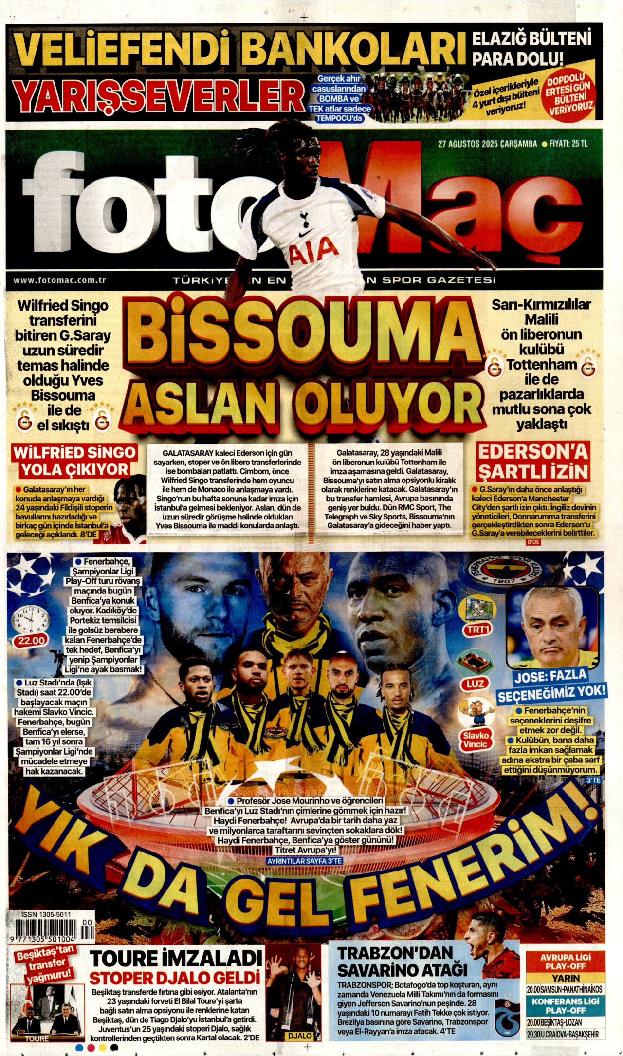 FOTOMAÇ gazetesinin 27 Ağustos 2025 tarihli birinci sayfası