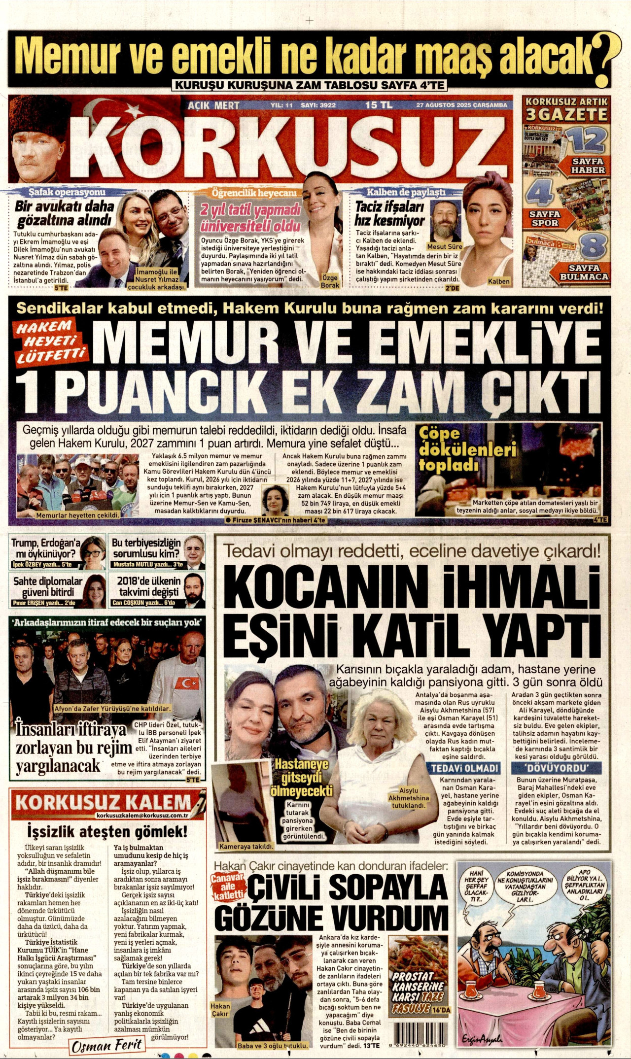 KORKUSUZ gazetesinin 27 Ağustos 2025 tarihli birinci sayfası