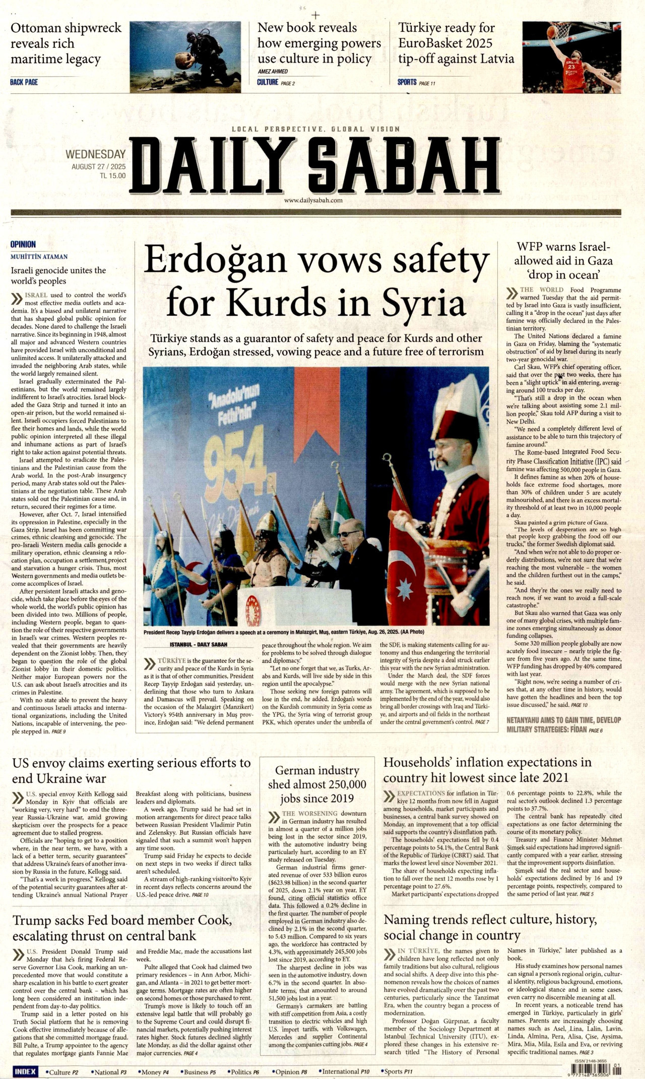 DAİLY SABAH gazetesinin 27 Ağustos 2025 tarihli birinci sayfası