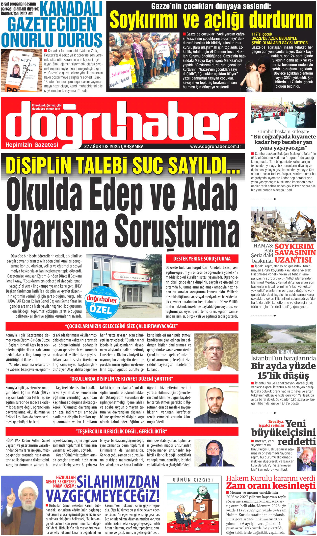 DOĞRU HABER gazetesinin 27 Ağustos 2025 tarihli birinci sayfası