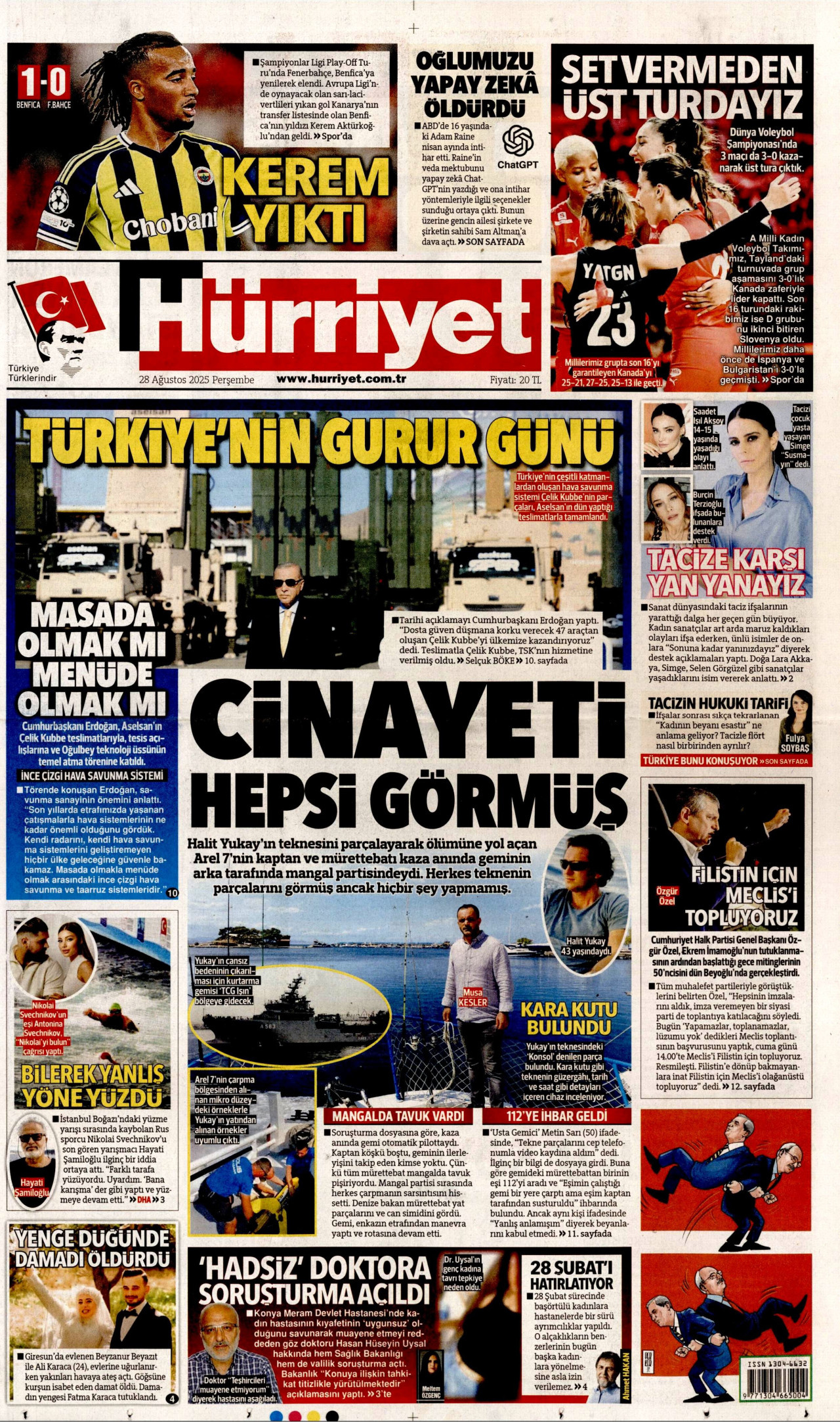HÜRRİYET gazetesinin 28 Ağustos 2025 tarihli birinci sayfası