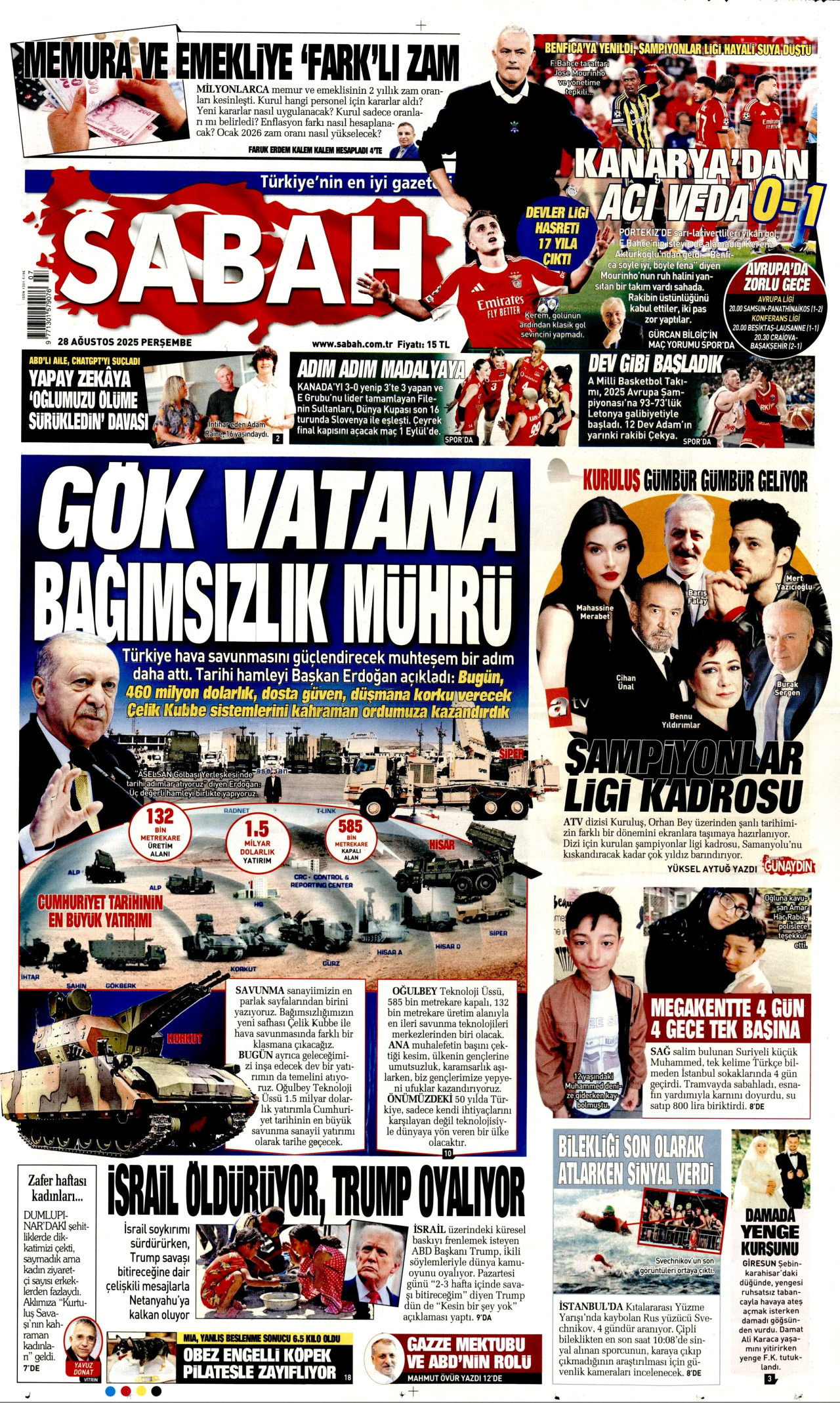 SABAH gazetesinin 28 Ağustos 2025 tarihli birinci sayfası