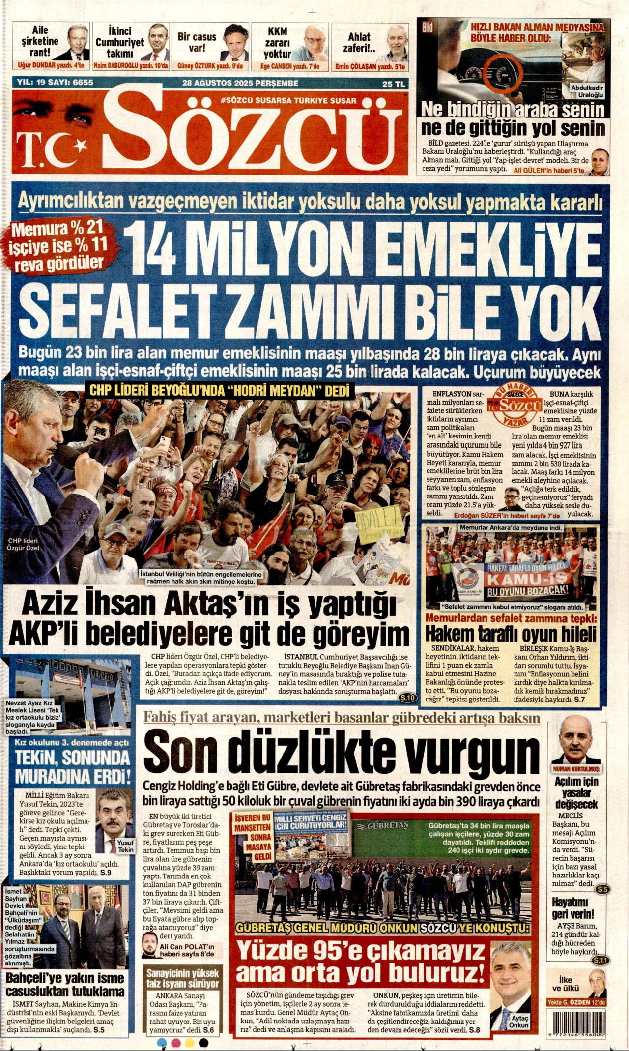 SÖZCÜ gazetesinin 28 Ağustos 2025 tarihli birinci sayfası