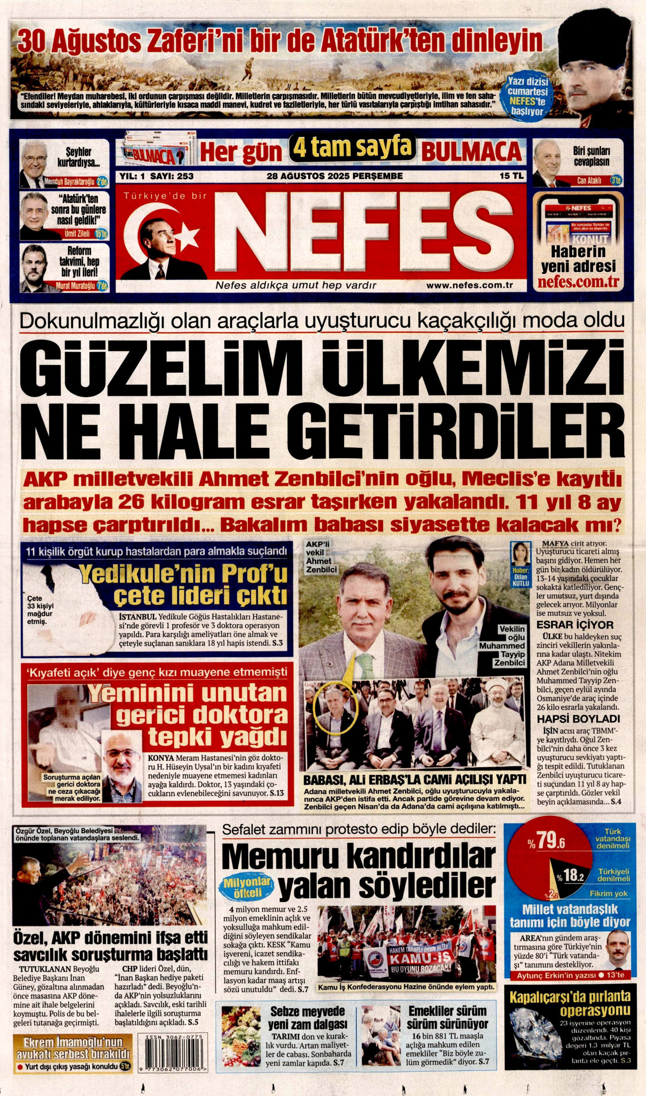 NEFES gazetesinin 28 Ağustos 2025 tarihli birinci sayfası