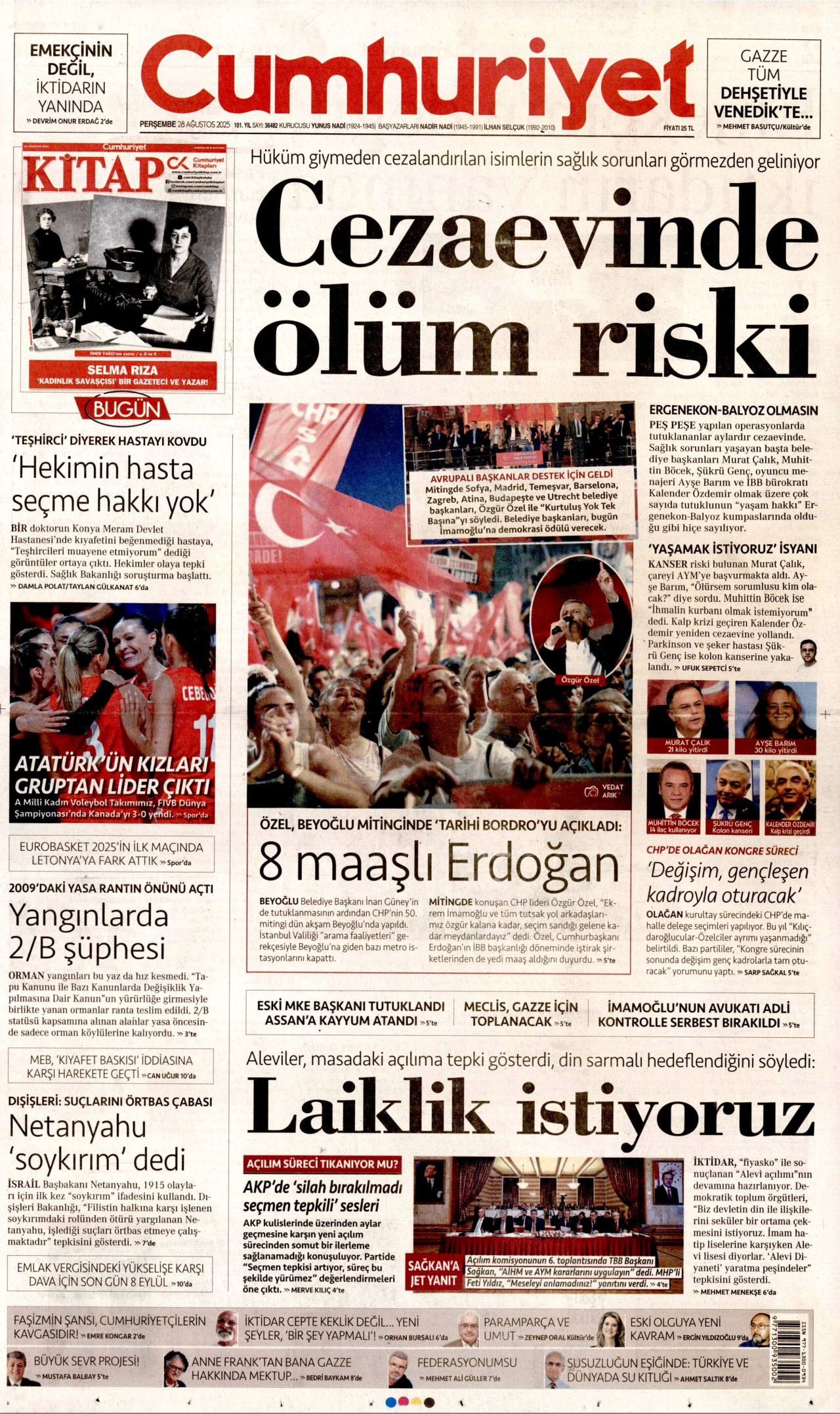 CUMHURİYET gazetesinin 28 Ağustos 2025 tarihli birinci sayfası