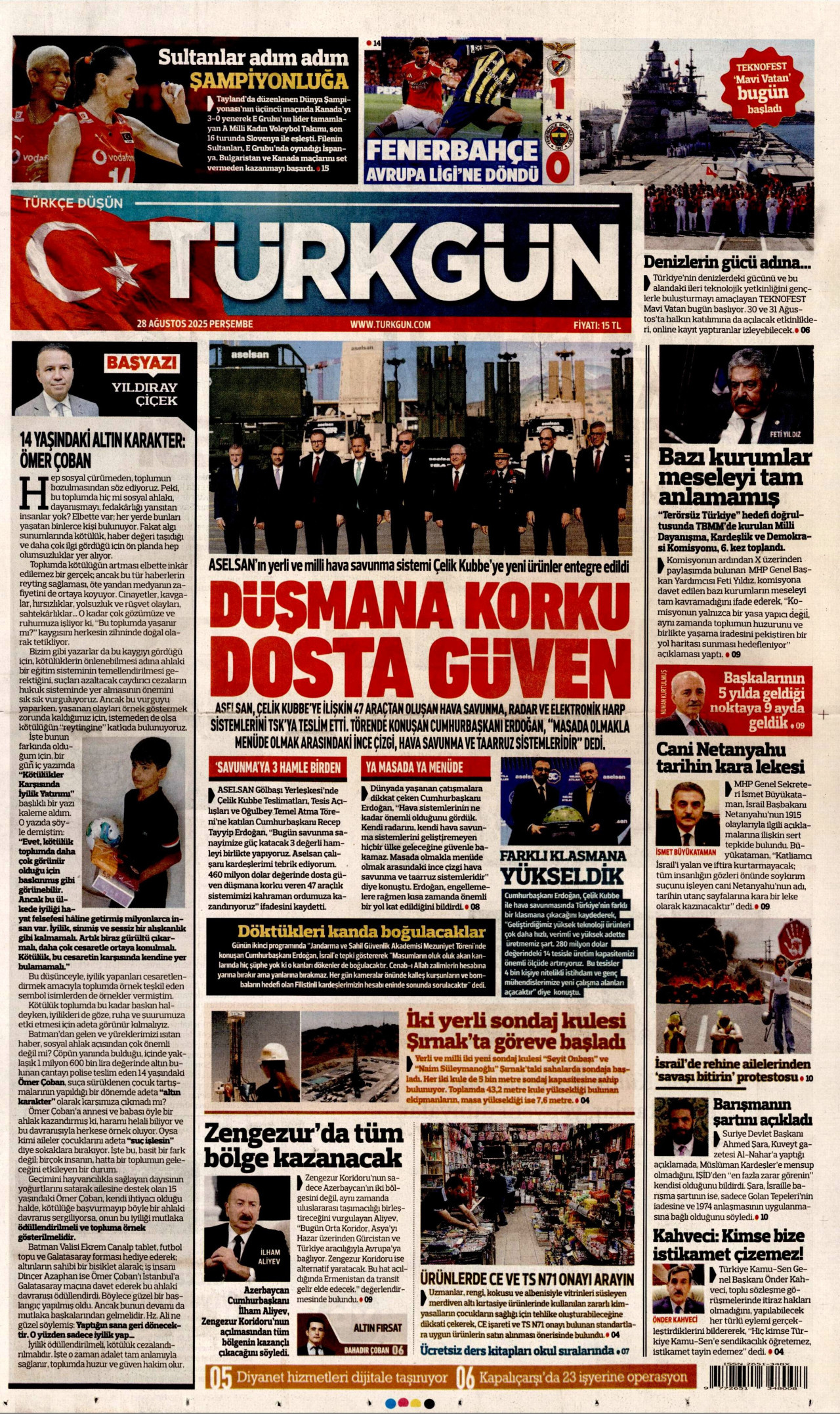 TÜRKGÜN gazetesinin 28 Ağustos 2025 tarihli birinci sayfası