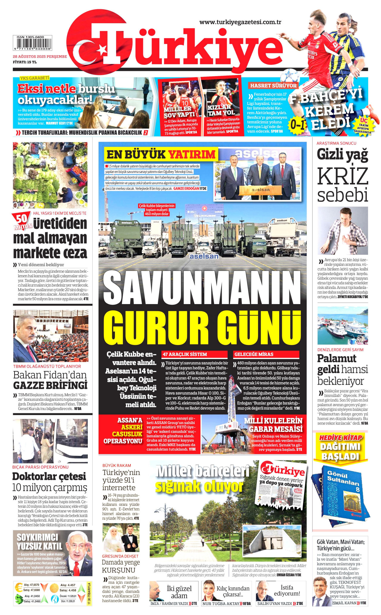 TÜRKİYE GAZETESİ gazetesinin 28 Ağustos 2025 tarihli birinci sayfası