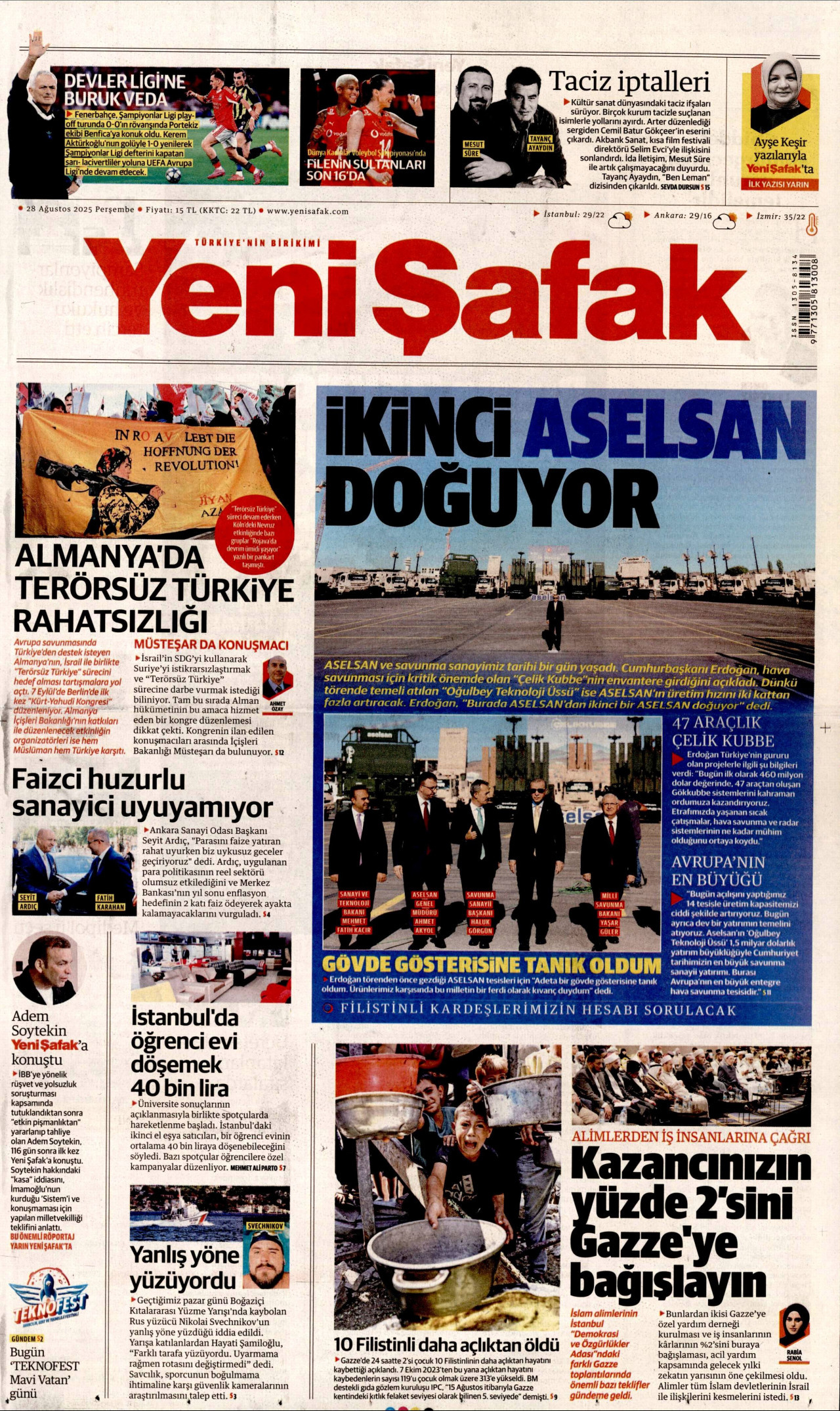 YENİ ŞAFAK gazetesinin 28 Ağustos 2025 tarihli birinci sayfası