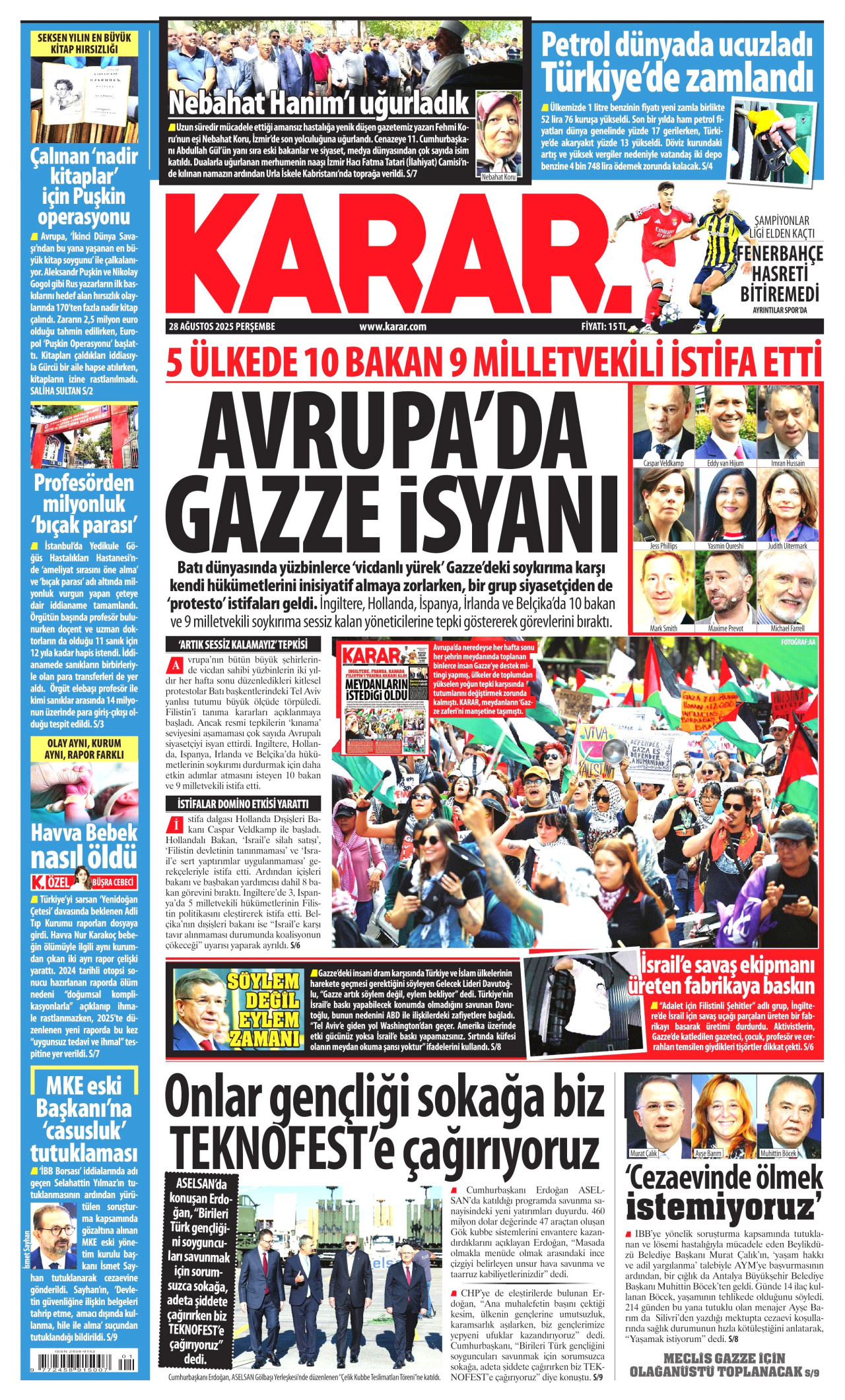 KARAR gazetesinin 28 Ağustos 2025 tarihli birinci sayfası