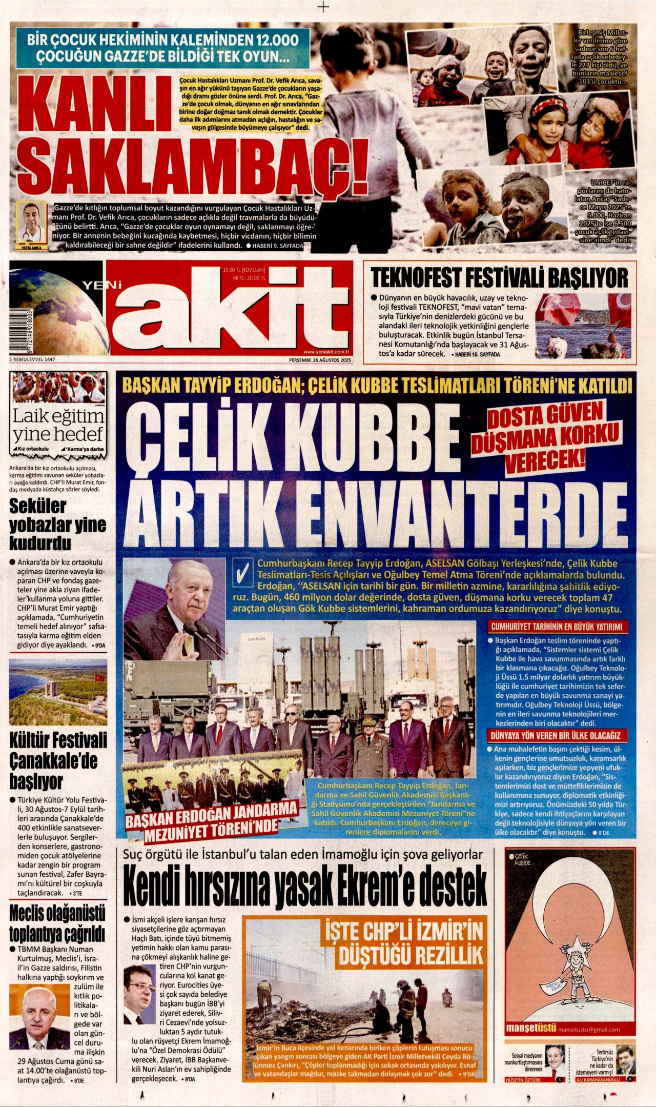YENİ AKİT gazetesinin 28 Ağustos 2025 tarihli birinci sayfası