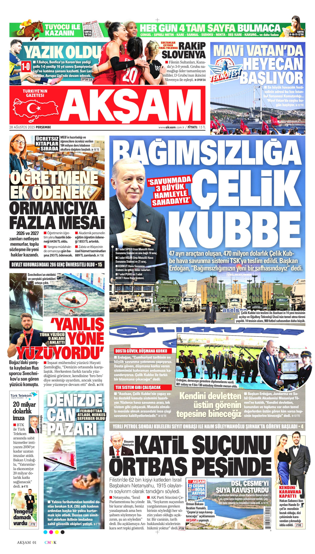 AKŞAM gazetesinin 28 Ağustos 2025 tarihli birinci sayfası
