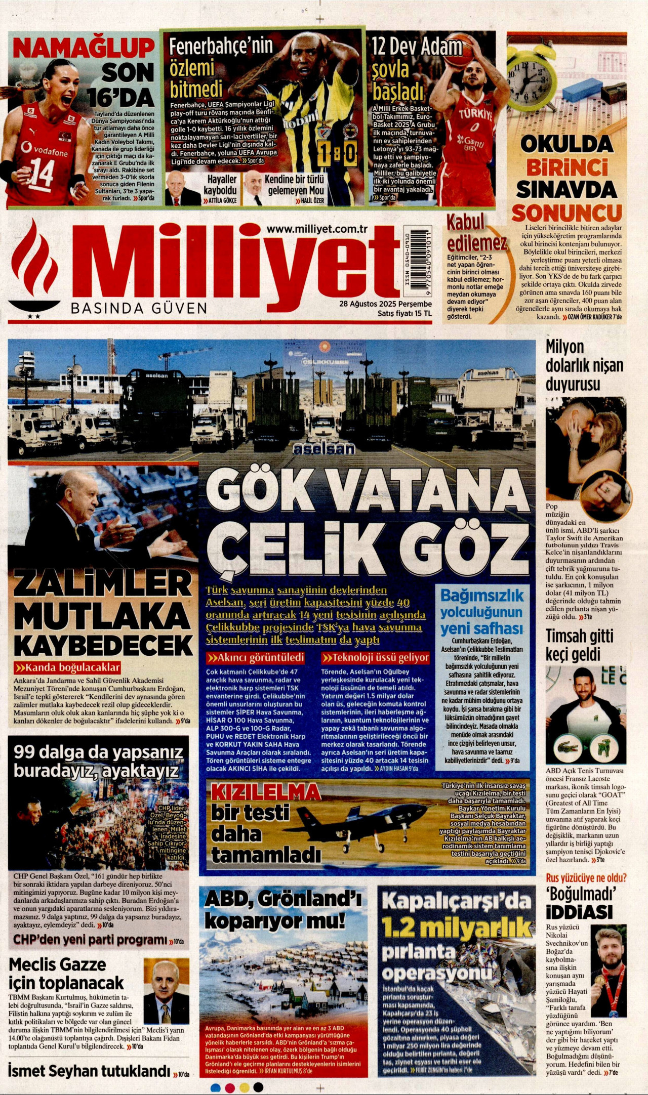 MİLLİYET gazetesinin 28 Ağustos 2025 tarihli birinci sayfası