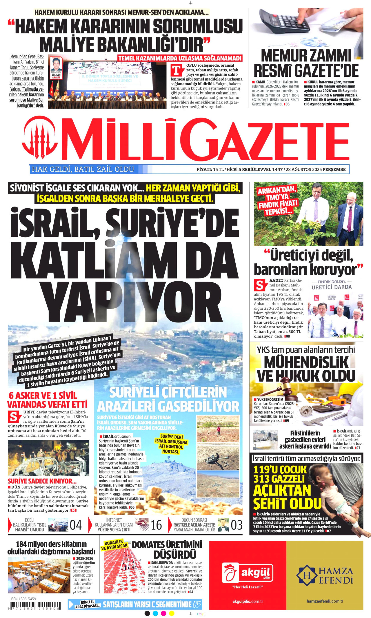 MİLLİ GAZETE gazetesinin 28 Ağustos 2025 tarihli birinci sayfası