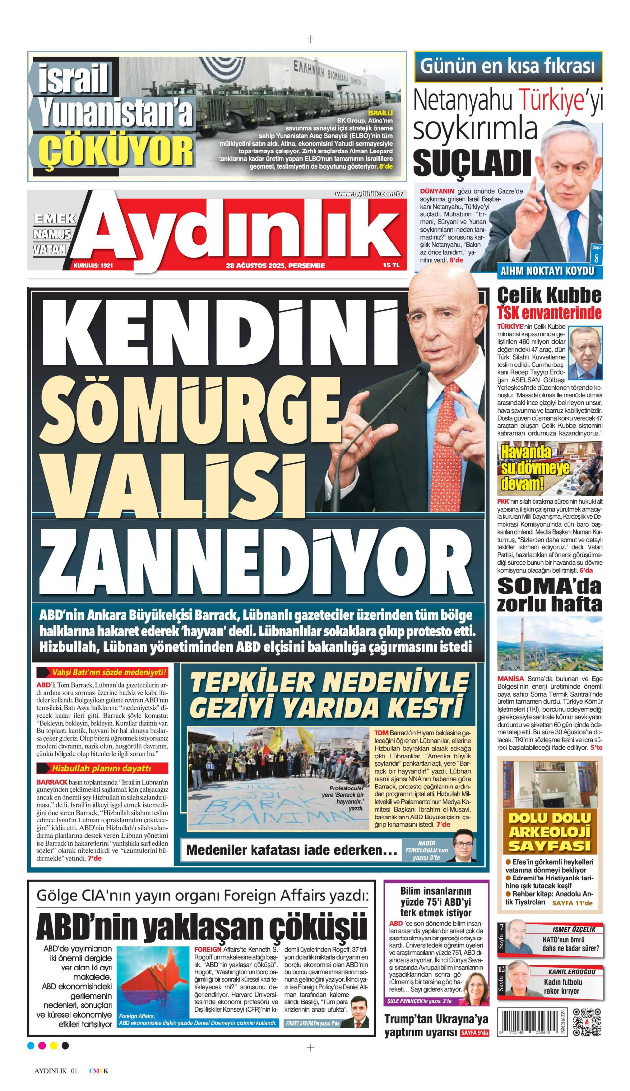 AYDINLIK GAZETESİ gazetesinin 28 Ağustos 2025 tarihli birinci sayfası