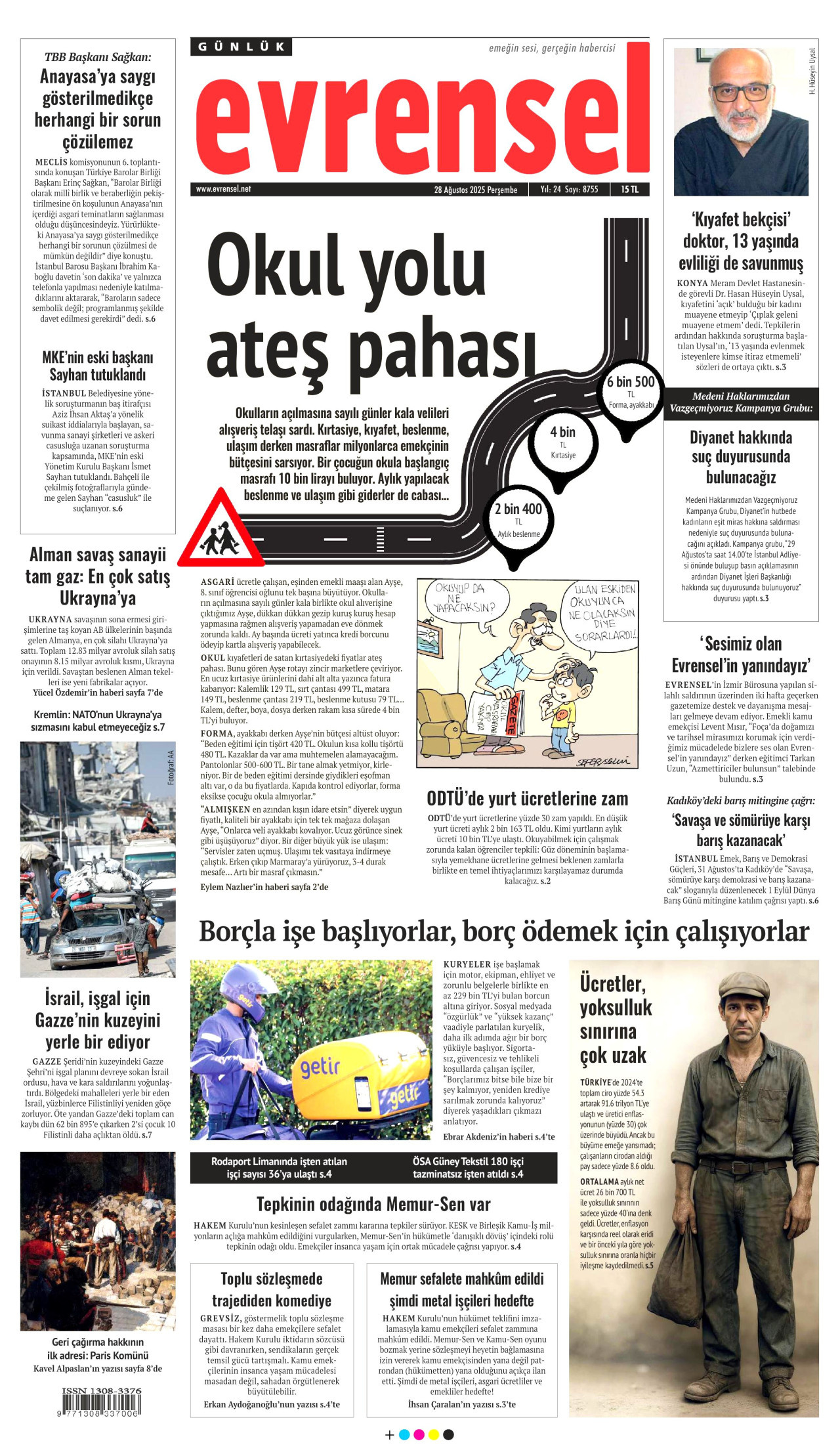 EVRENSEL gazetesinin 28 Ağustos 2025 tarihli birinci sayfası