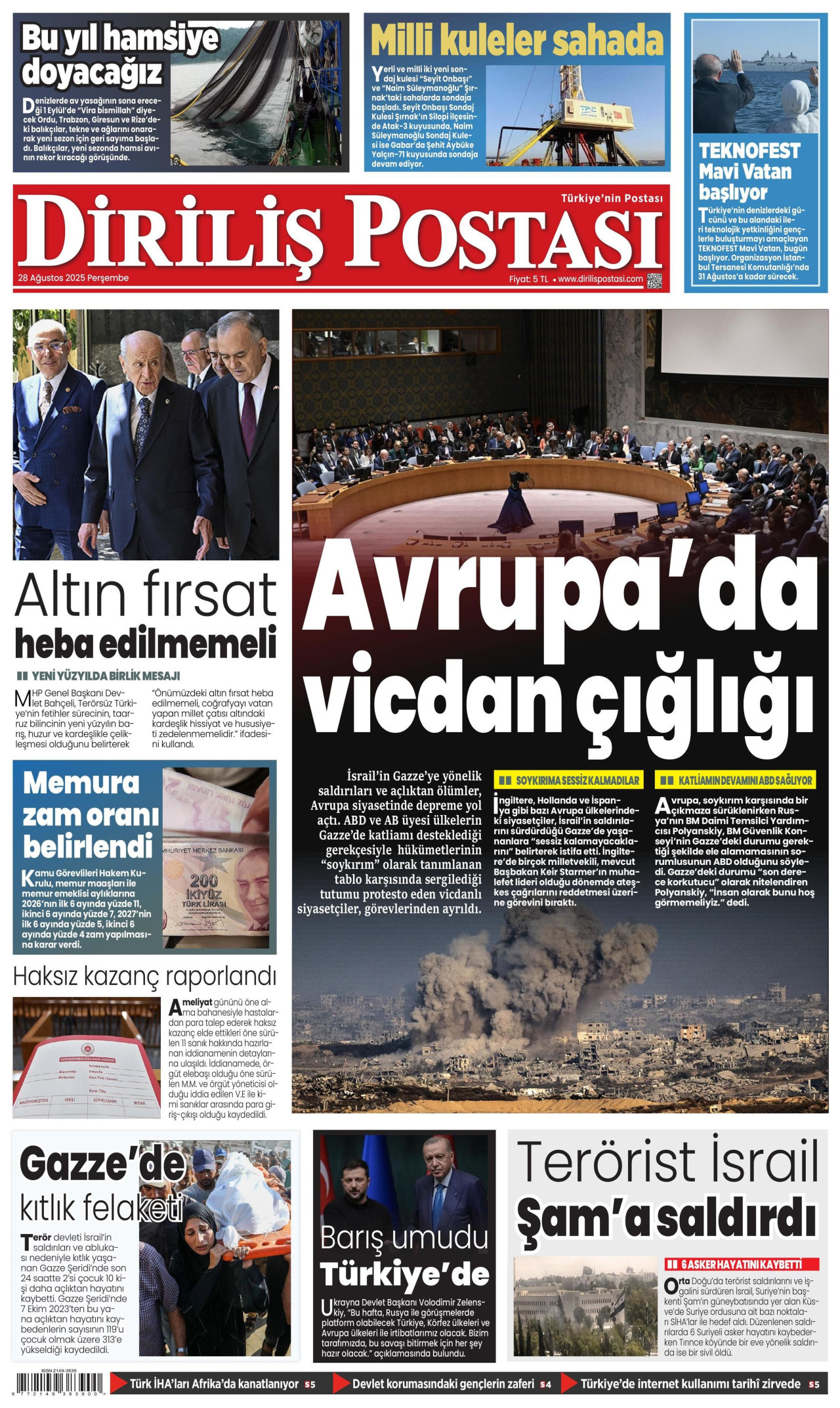 DİRİLİŞ POSTASI gazetesinin 28 Ağustos 2025 tarihli birinci sayfası