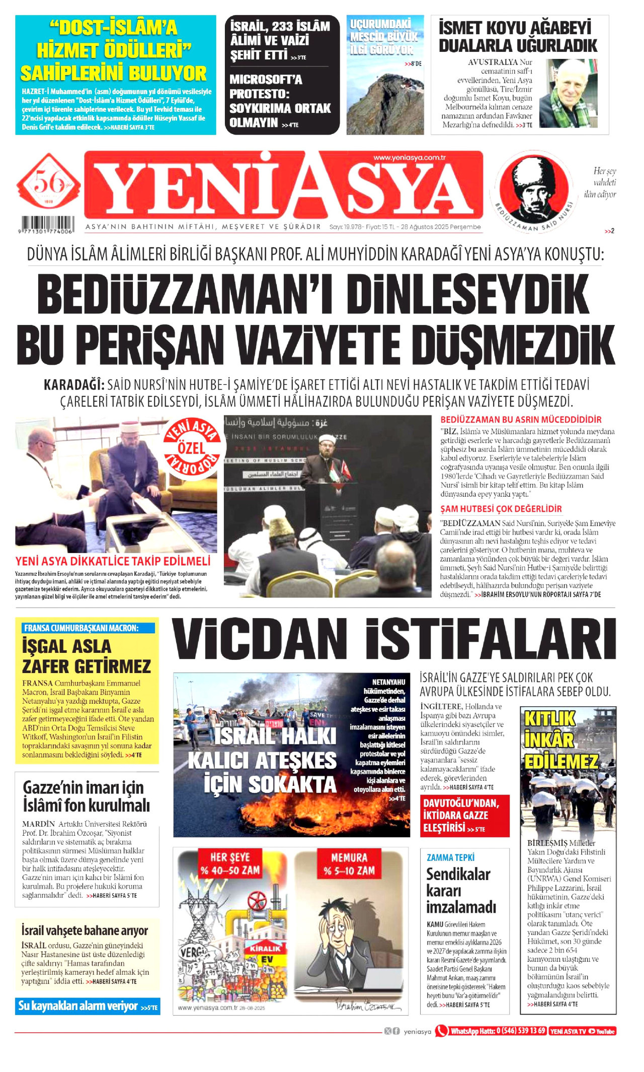YENİ ASYA gazetesinin 28 Ağustos 2025 tarihli birinci sayfası
