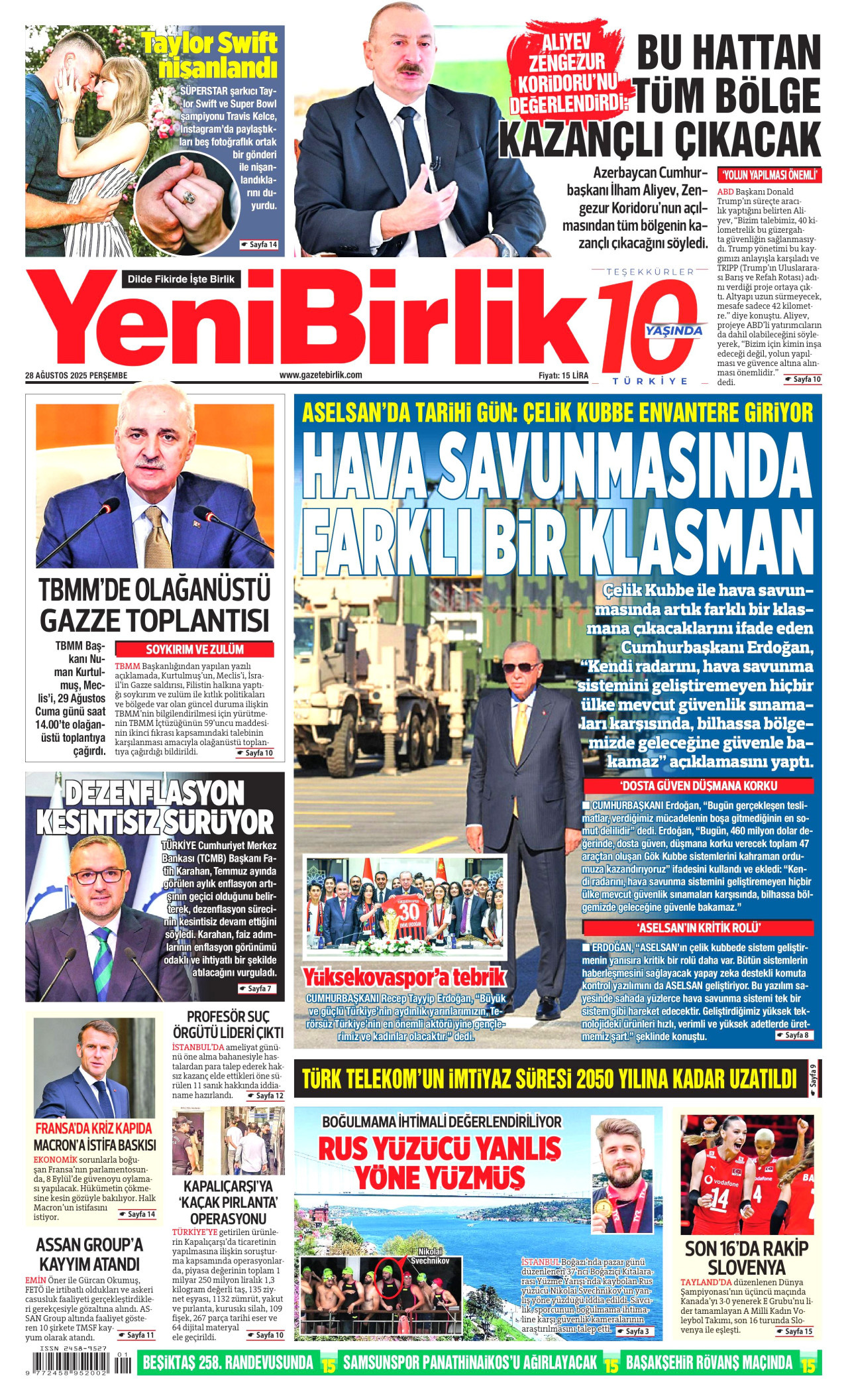 YENİBİRLİK gazetesinin 28 Ağustos 2025 tarihli birinci sayfası