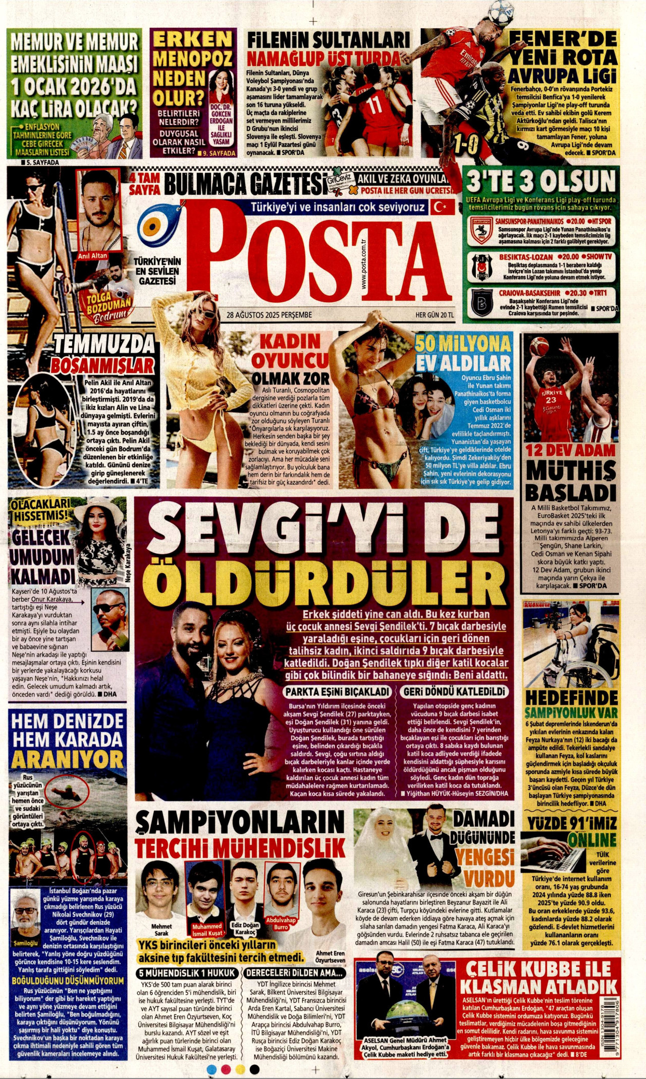 POSTA gazetesinin 28 Ağustos 2025 tarihli birinci sayfası