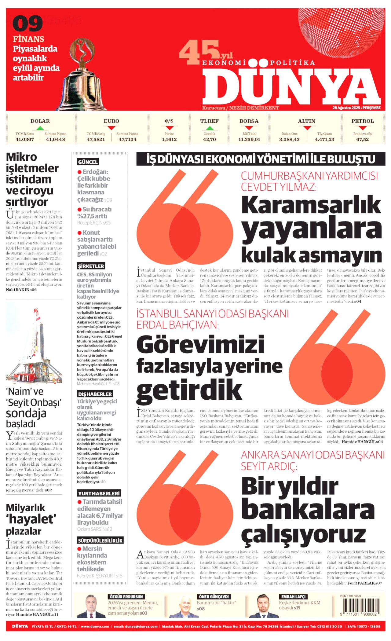 DÜNYA gazetesinin 28 Ağustos 2025 tarihli birinci sayfası