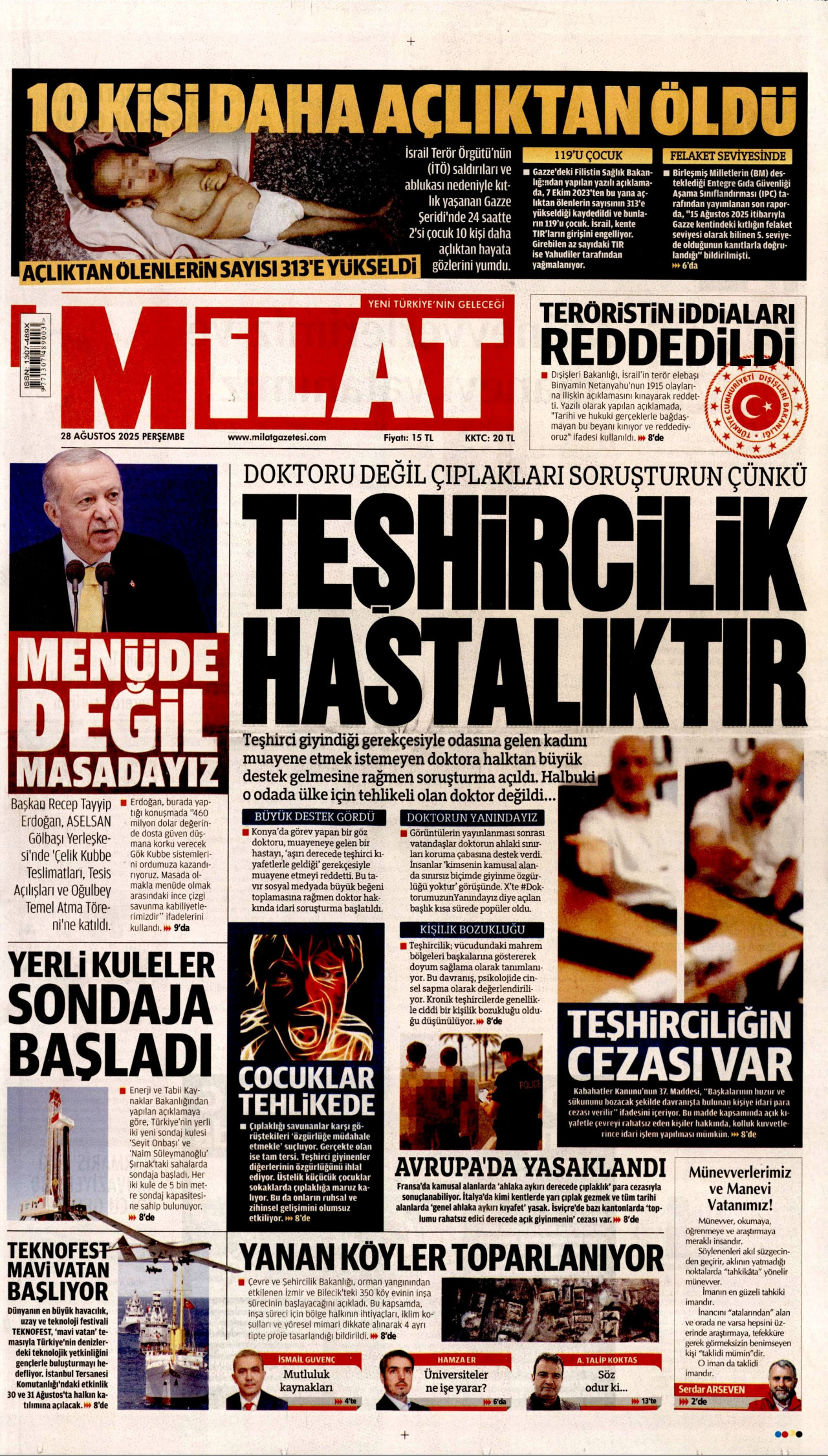 MİLAT gazetesinin 28 Ağustos 2025 tarihli birinci sayfası