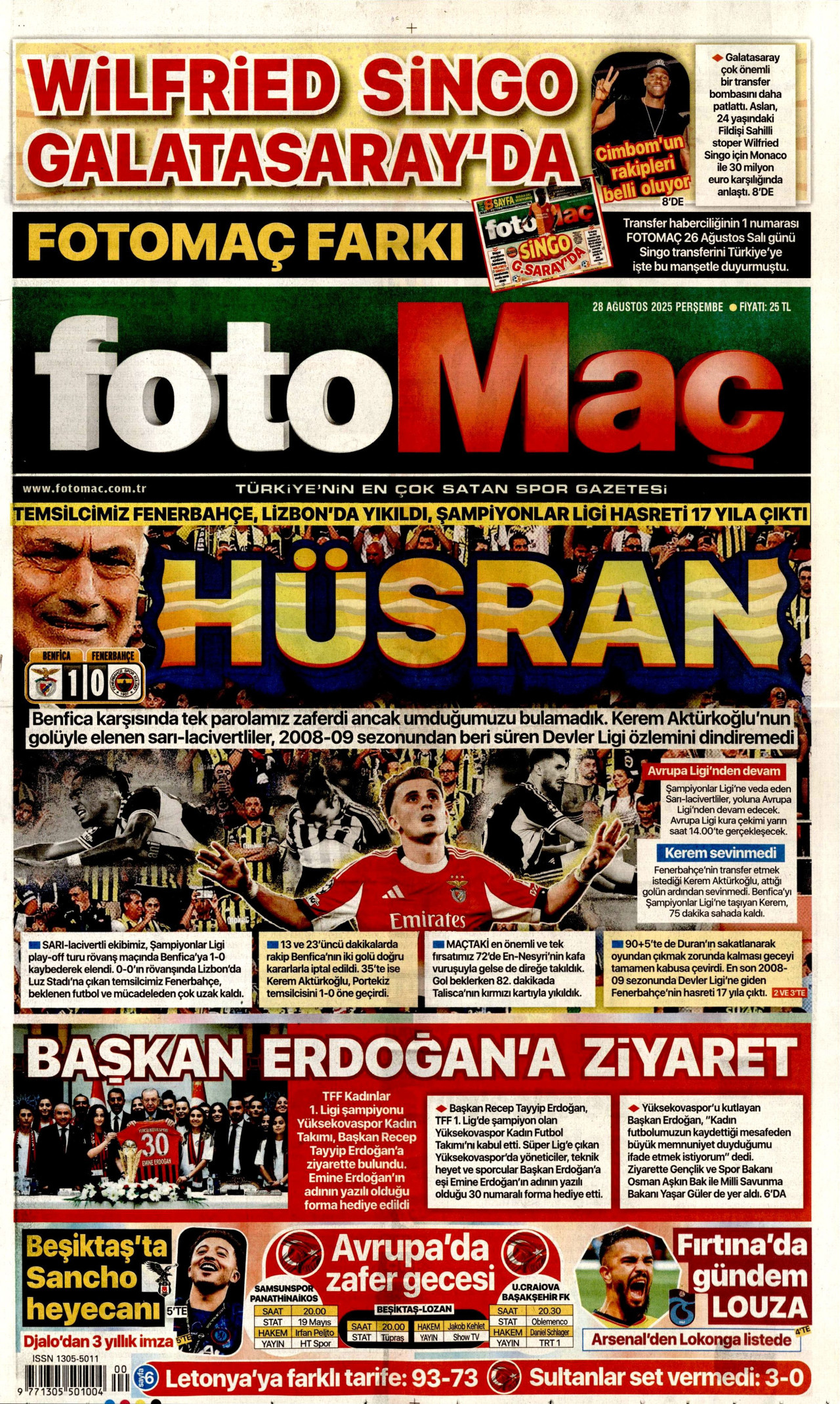 FOTOMAÇ gazetesinin 28 Ağustos 2025 tarihli birinci sayfası