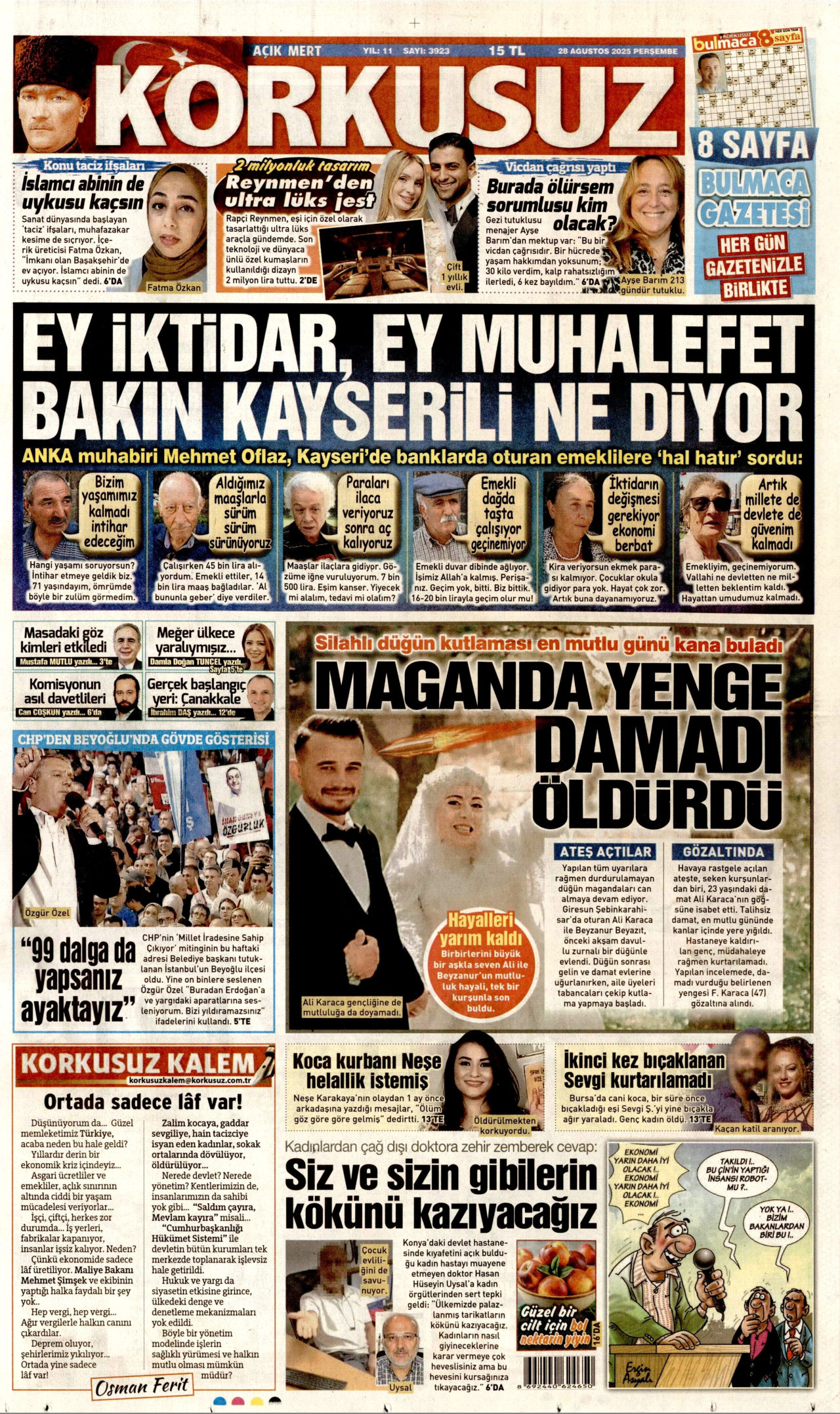 KORKUSUZ gazetesinin 28 Ağustos 2025 tarihli birinci sayfası