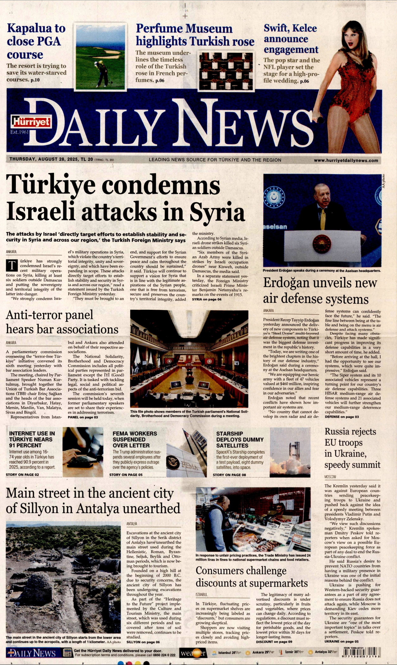 HÜRRİYET DAİLY NEWS gazetesinin 28 Ağustos 2025 tarihli birinci sayfası