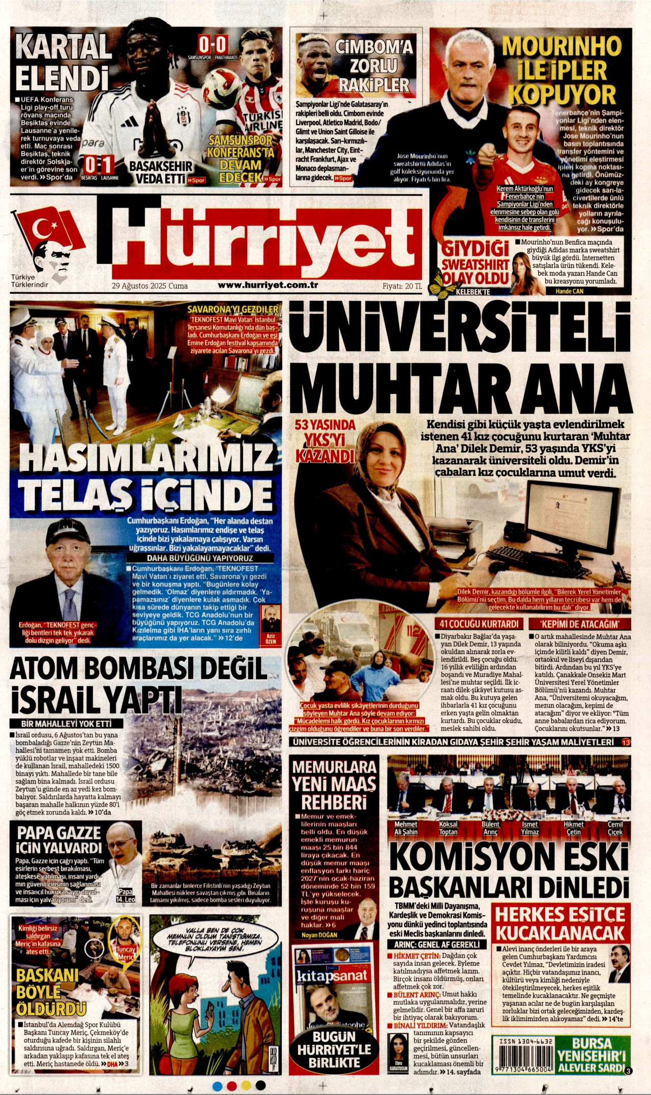 HÜRRİYET gazetesinin 29 Ağustos 2025 tarihli birinci sayfası