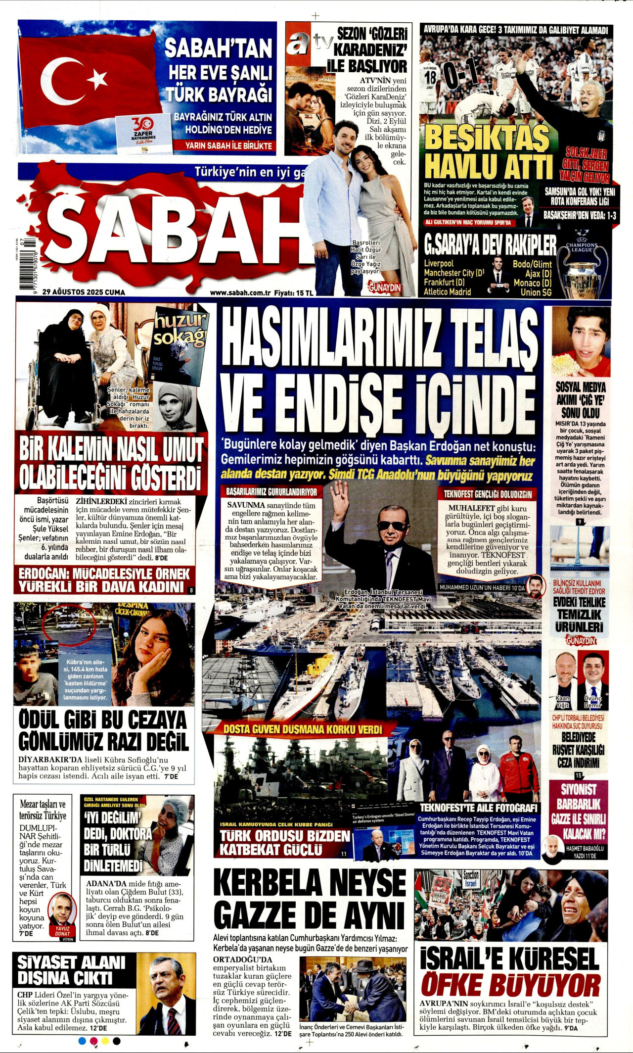 SABAH gazetesinin 29 Ağustos 2025 tarihli birinci sayfası