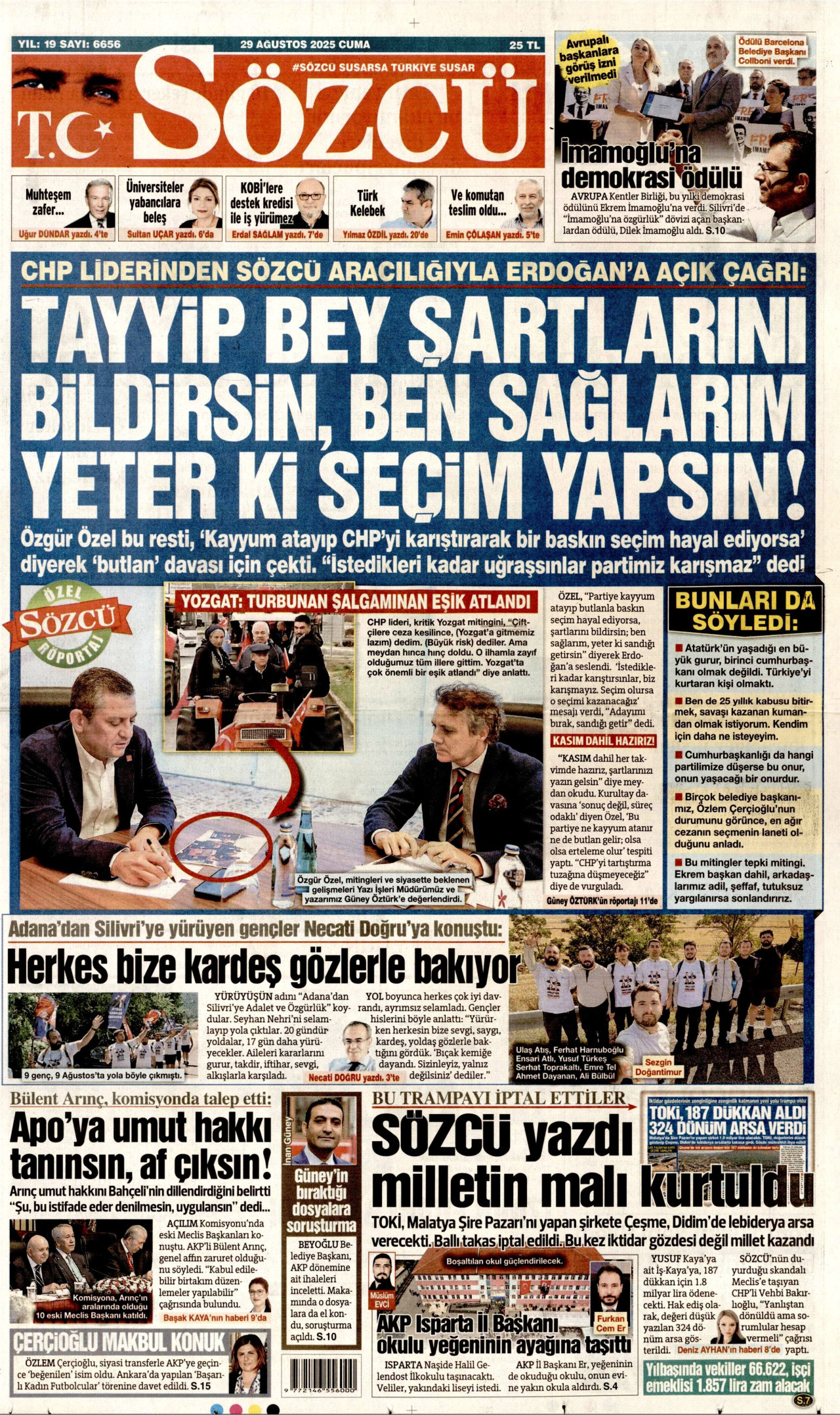 SÖZCÜ gazetesinin 29 Ağustos 2025 tarihli birinci sayfası