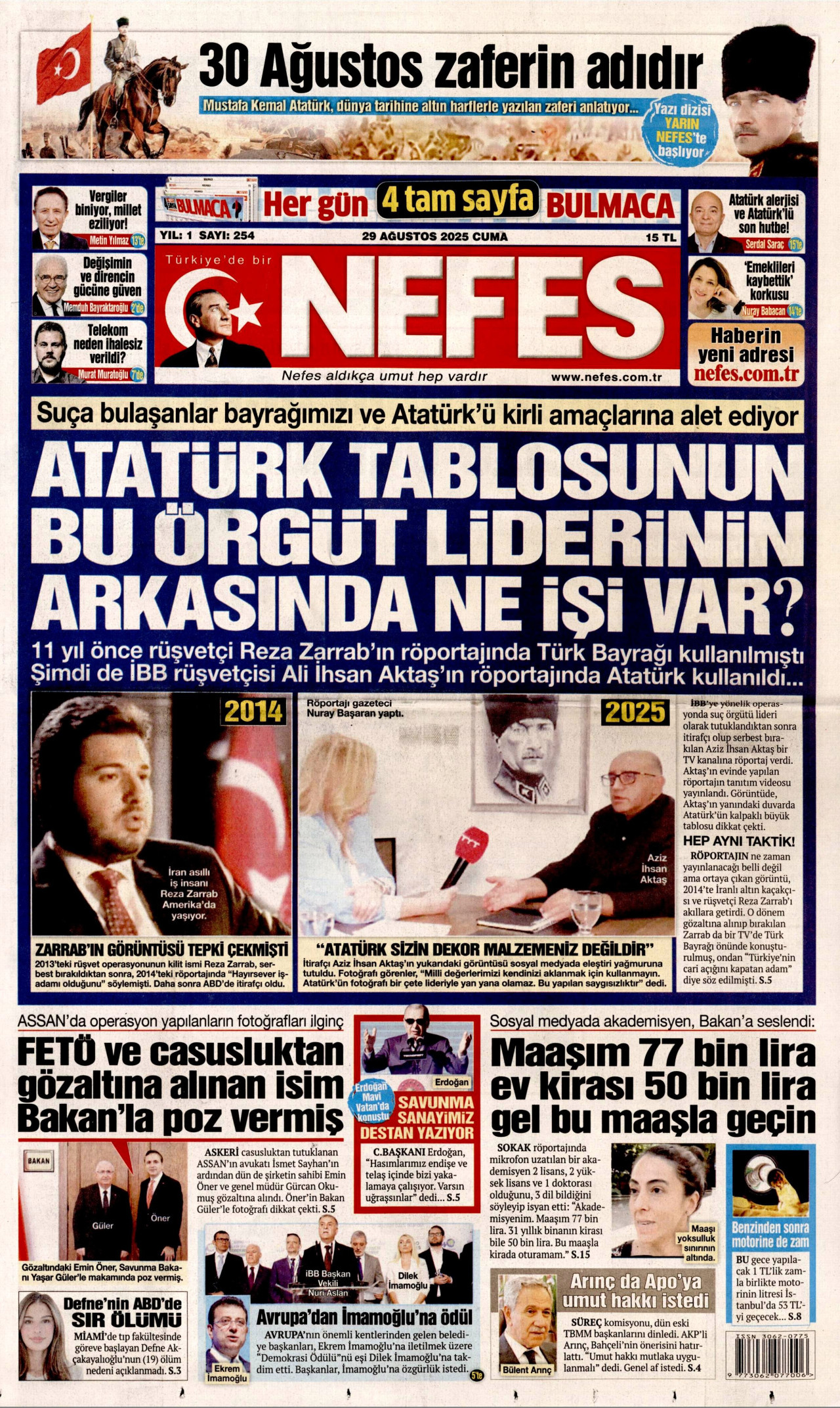 NEFES gazetesinin 29 Ağustos 2025 tarihli birinci sayfası