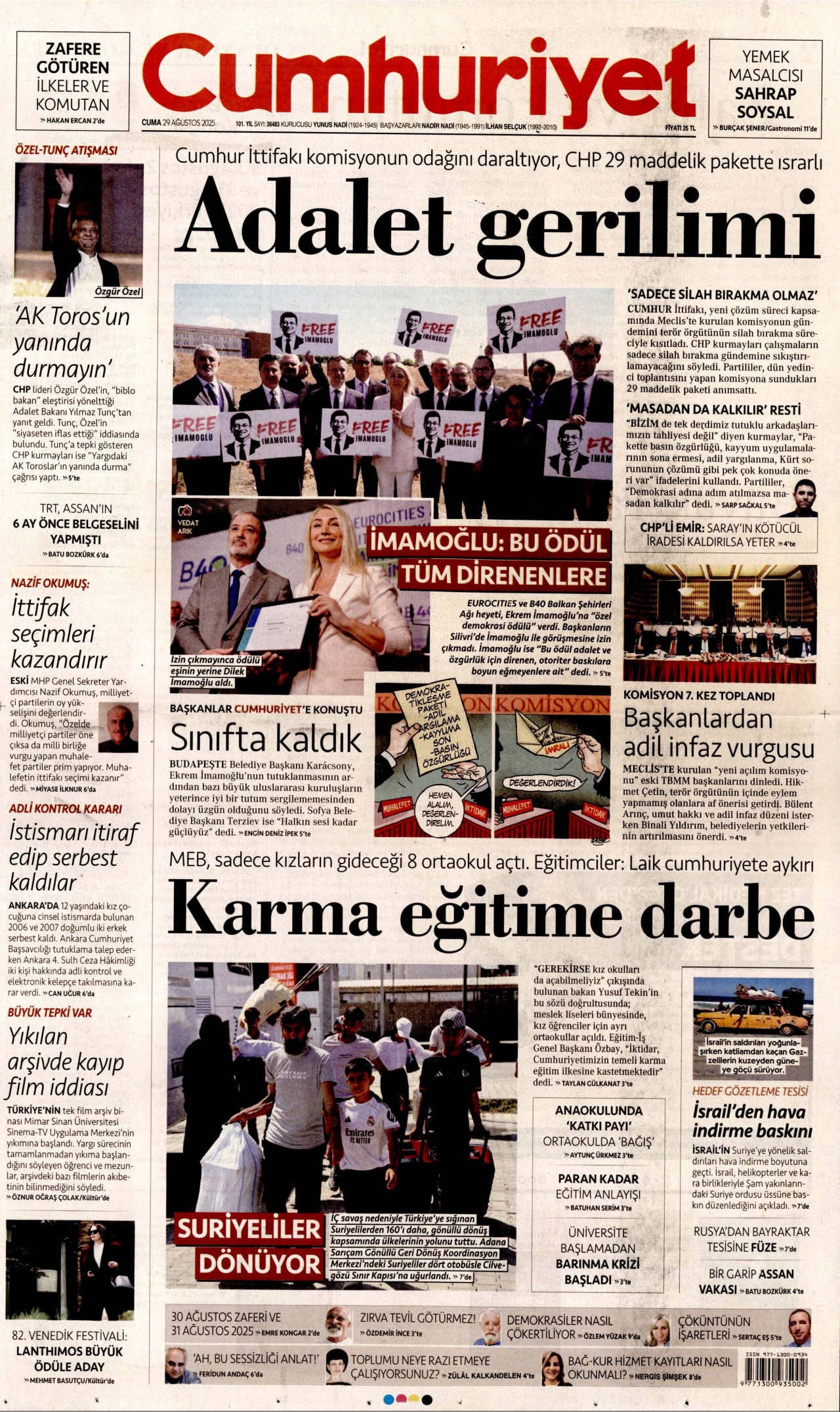 CUMHURİYET gazetesinin 29 Ağustos 2025 tarihli birinci sayfası