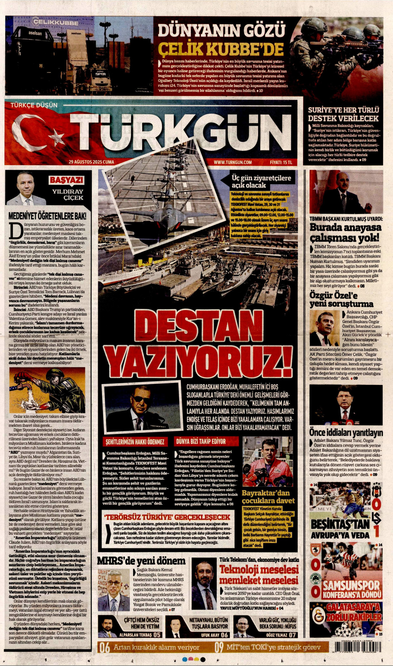 TÜRKGÜN gazetesinin 29 Ağustos 2025 tarihli birinci sayfası