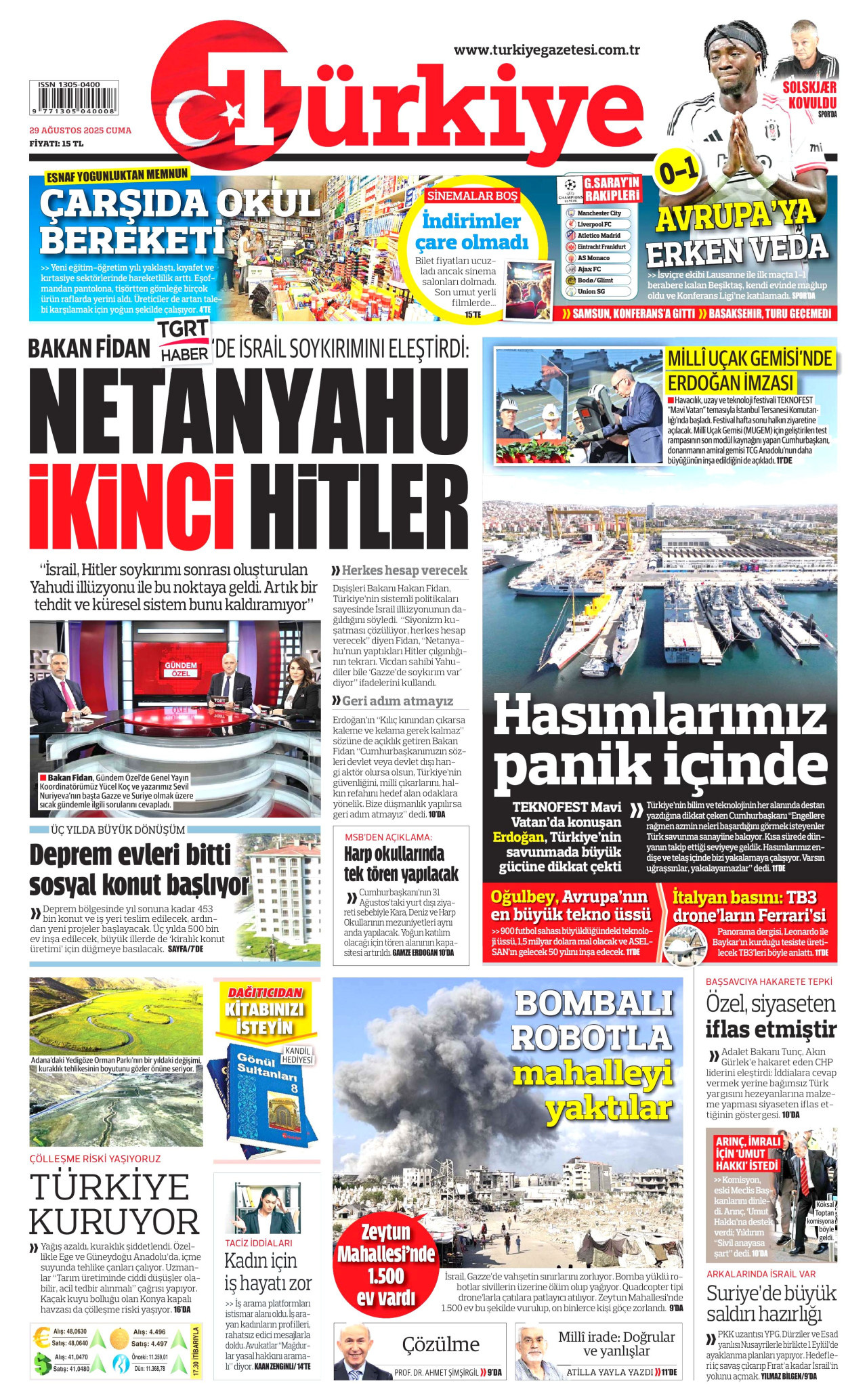 TÜRKİYE GAZETESİ gazetesinin 29 Ağustos 2025 tarihli birinci sayfası