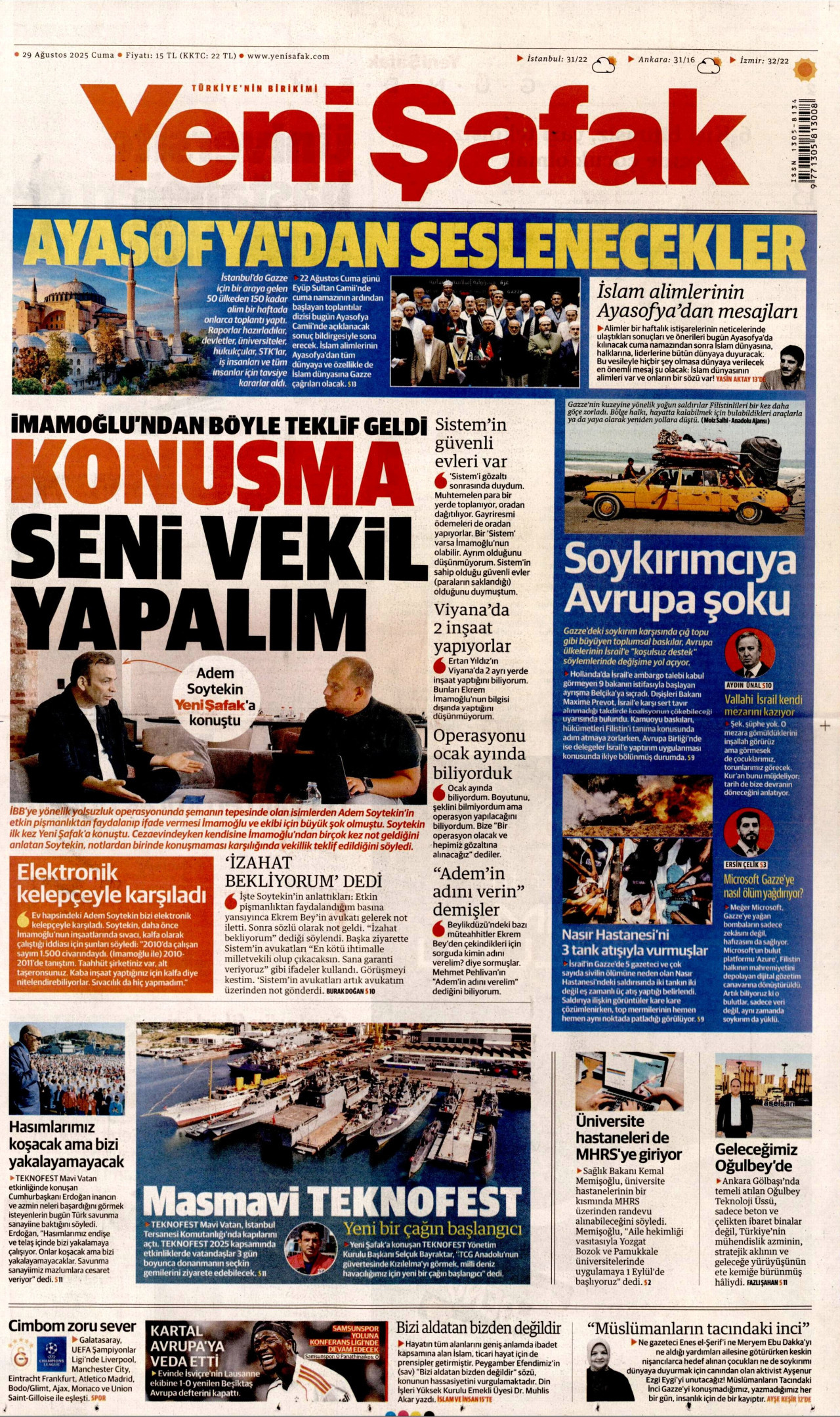 YENİ ŞAFAK gazetesinin 29 Ağustos 2025 tarihli birinci sayfası