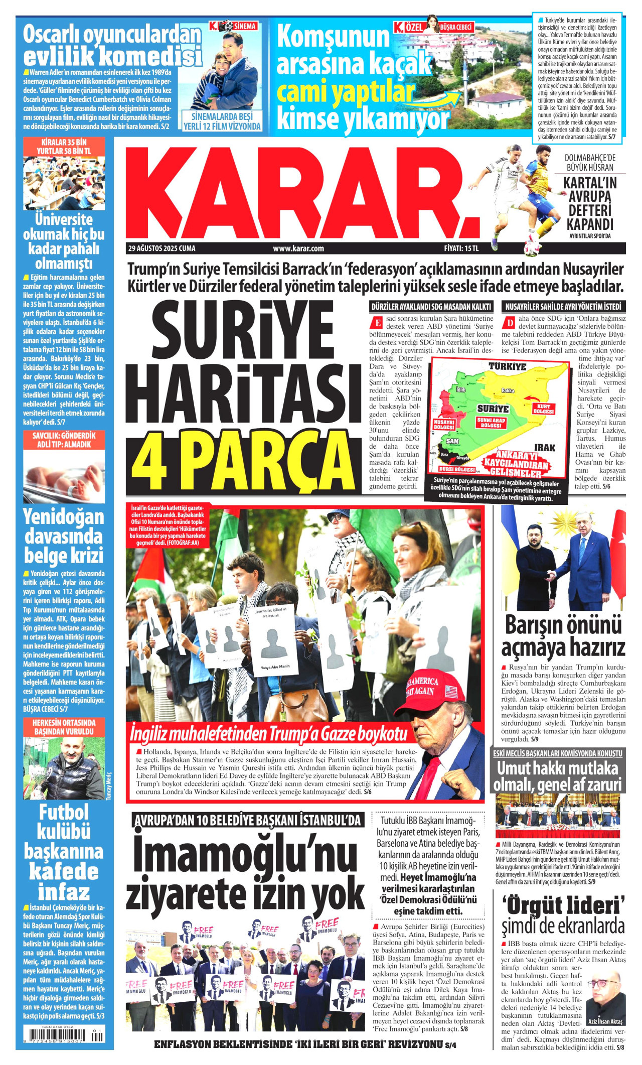 KARAR gazetesinin 29 Ağustos 2025 tarihli birinci sayfası